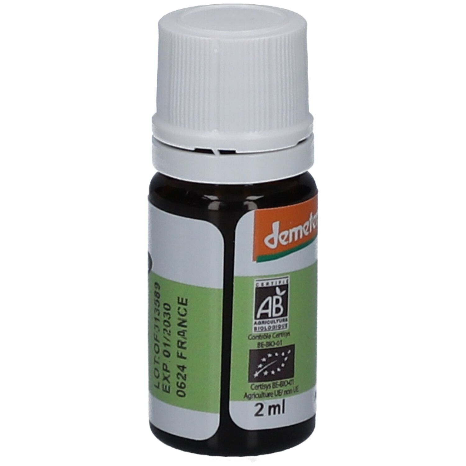 Flacon en verre brun avec bouchon blanc. Étiquette avec logo Demeter, label bio et texte. 2 ml.