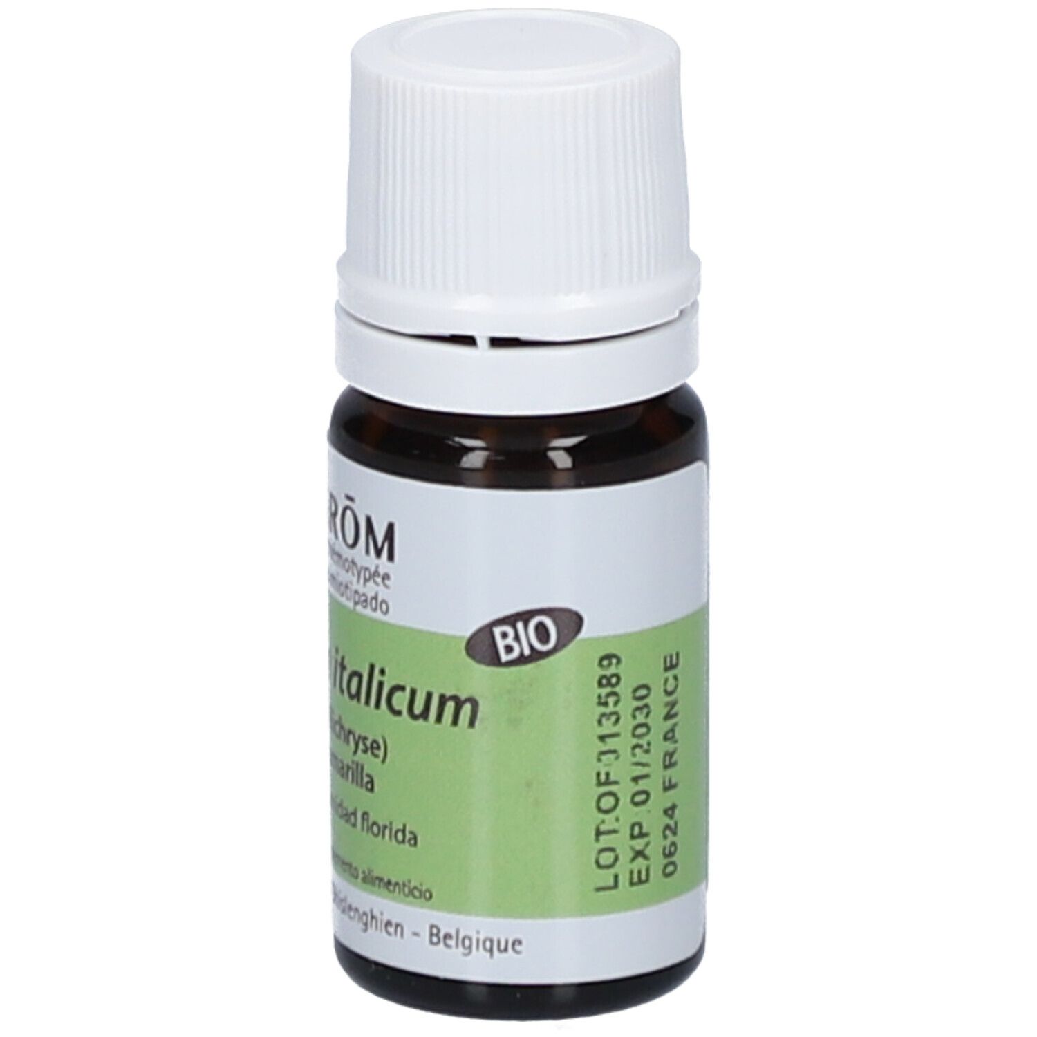 Flacon en verre brun avec bouchon blanc. Étiquette avec label bio et nom du produit. Texte multilingue.