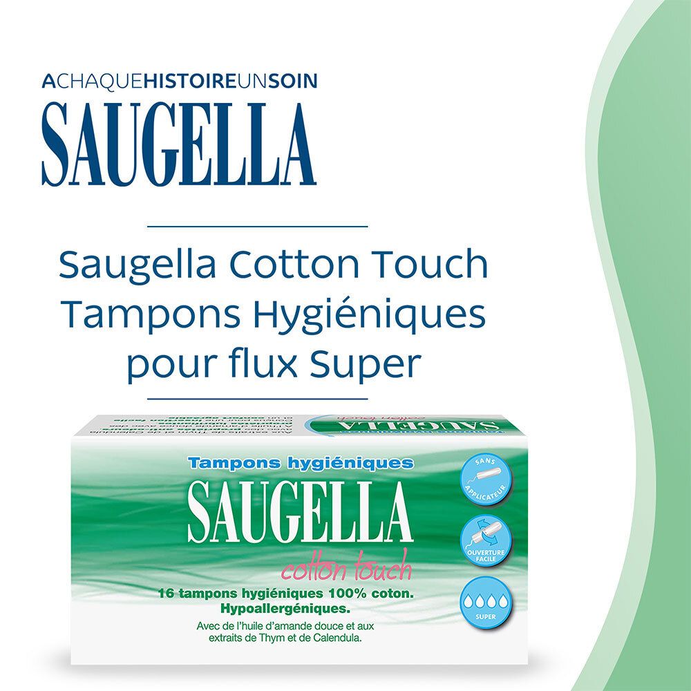 Saugella - Cotton Touch - Tampons Hygiéniques sans Applicateur - Flux Importants- 100% Coton - Hypoallergéniques, Confort et Sécurité - Enrichis en Thymol et en Huile d'Amande Douce - Pack de 16