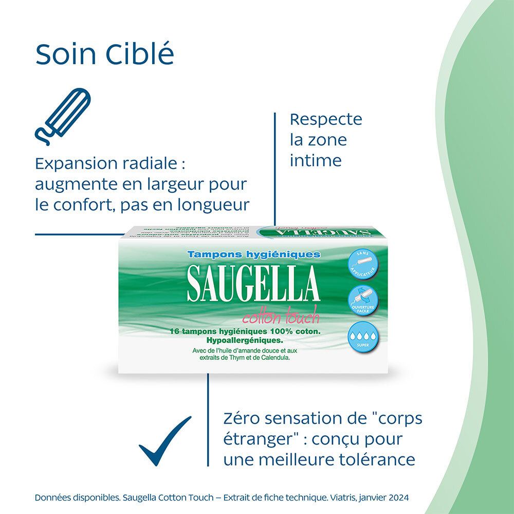 Saugella - Cotton Touch - Tampons Hygiéniques sans Applicateur - Flux Importants- 100% Coton - Hypoallergéniques, Confort et Sécurité - Enrichis en Thymol et en Huile d'Amande Douce - Pack de 16