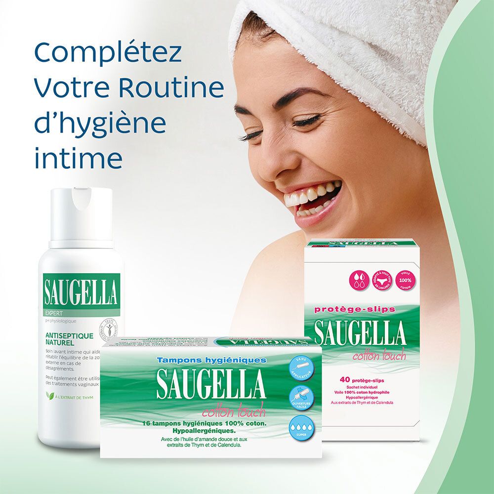 Saugella - Cotton Touch - Tampons Hygiéniques sans Applicateur - Flux Importants- 100% Coton - Hypoallergéniques, Confort et Sécurité - Enrichis en Thymol et en Huile d'Amande Douce - Pack de 16