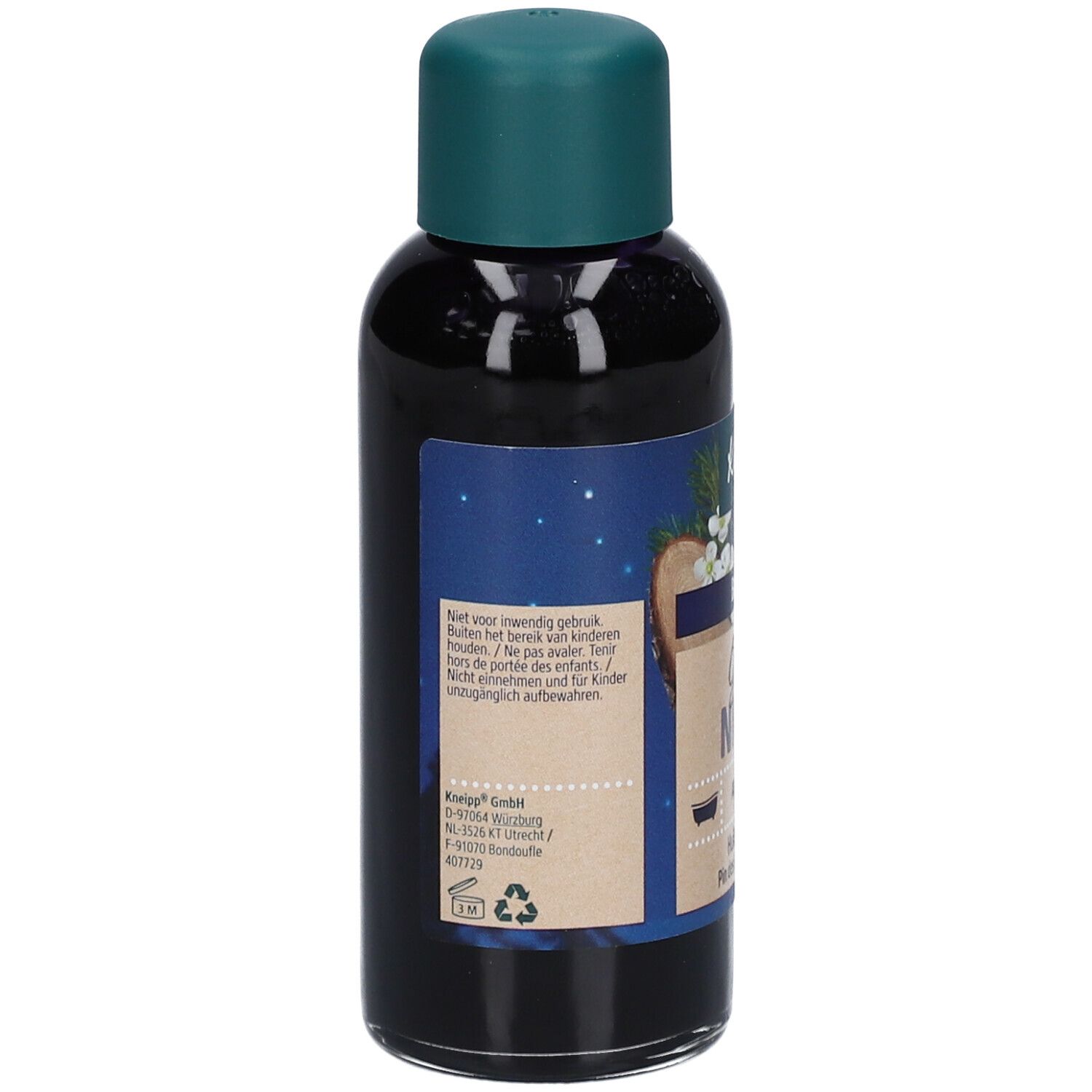 Dos du flacon Kneipp pour le bain. Texte et logo. Bouchon vert, liquide foncé.