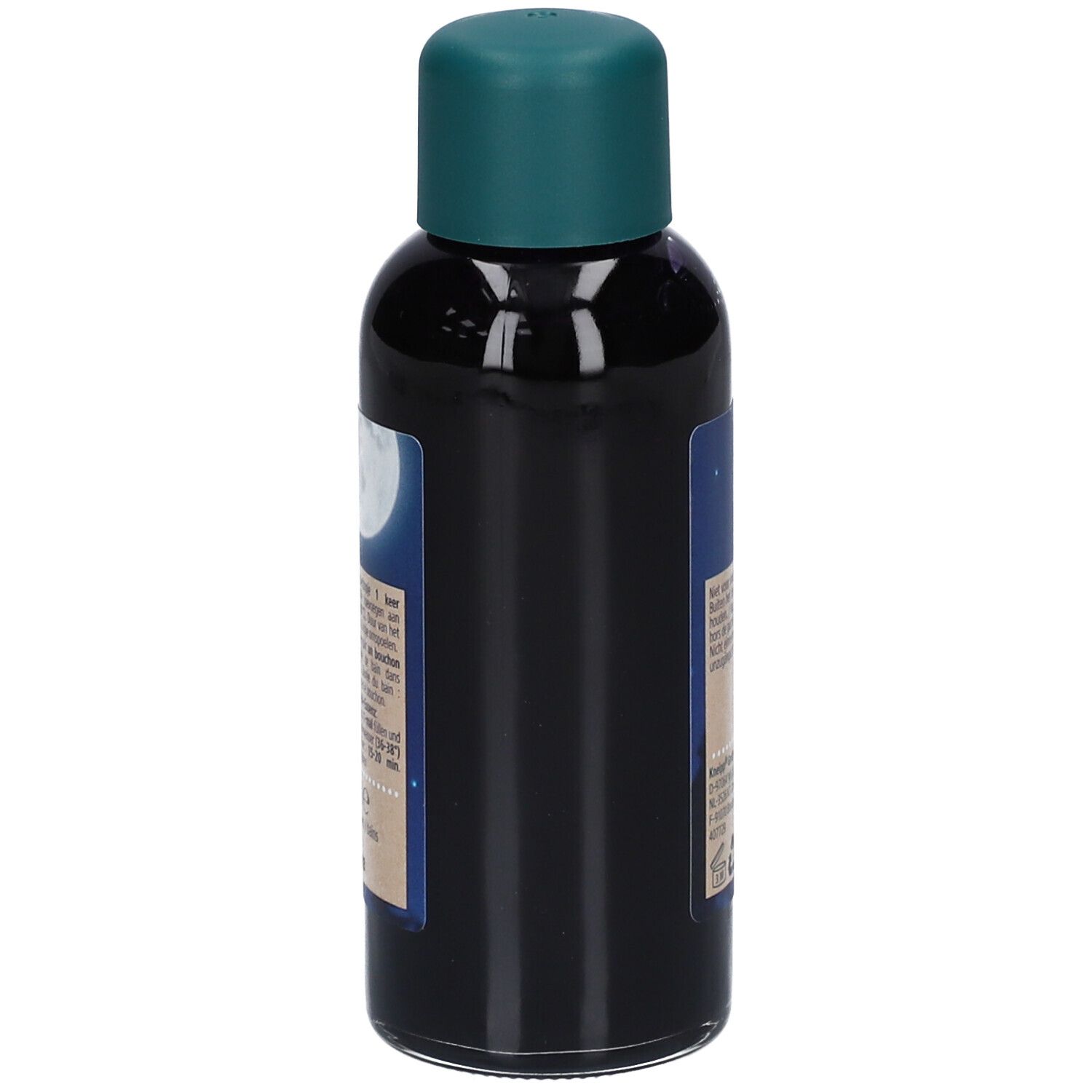 Vue arrière du flacon Kneipp pour le bain. Bouchon vert, liquide foncé, texte.