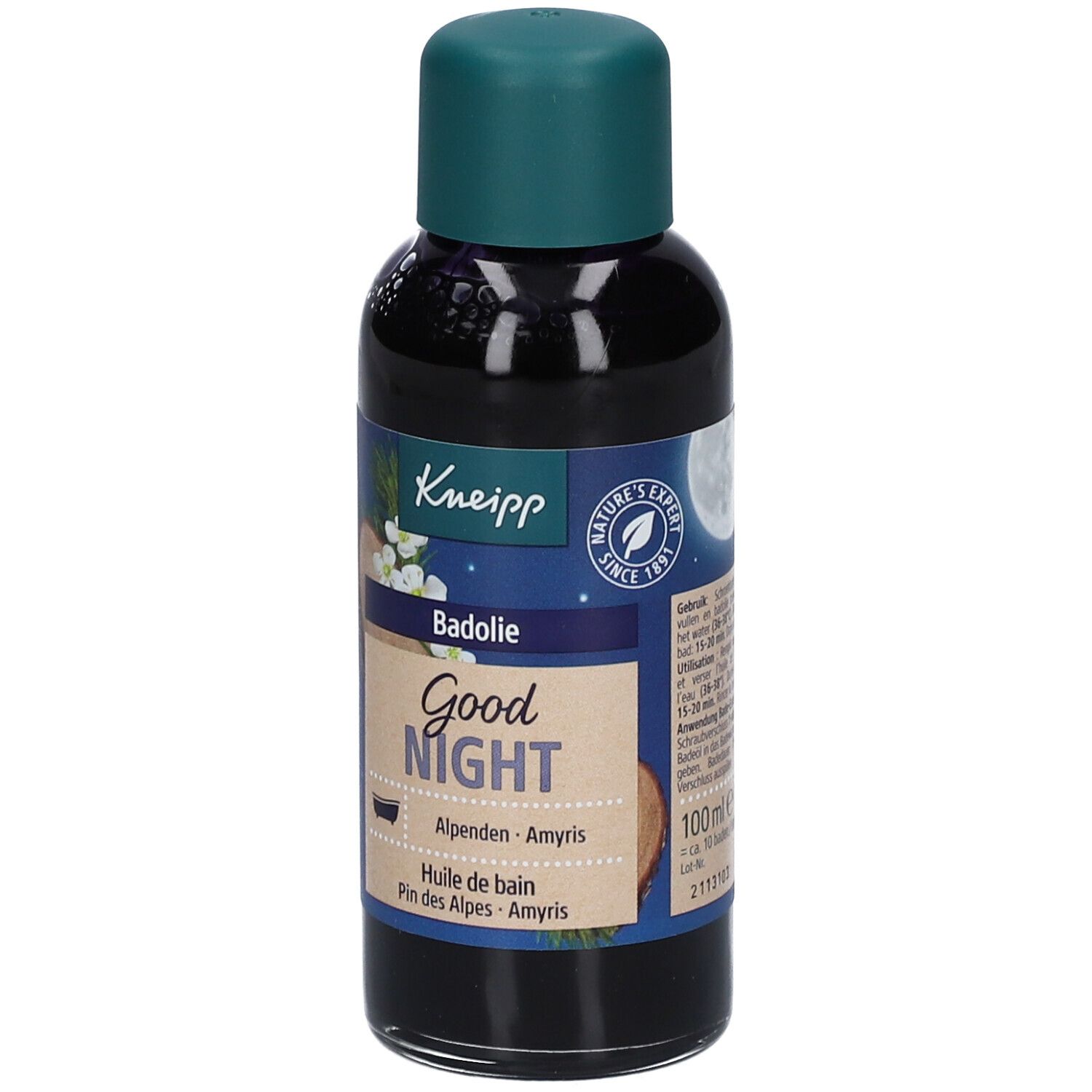 Flacon Kneipp pour le bain. Bouchon vert, liquide foncé. Inscription : Good Night, Badolie.