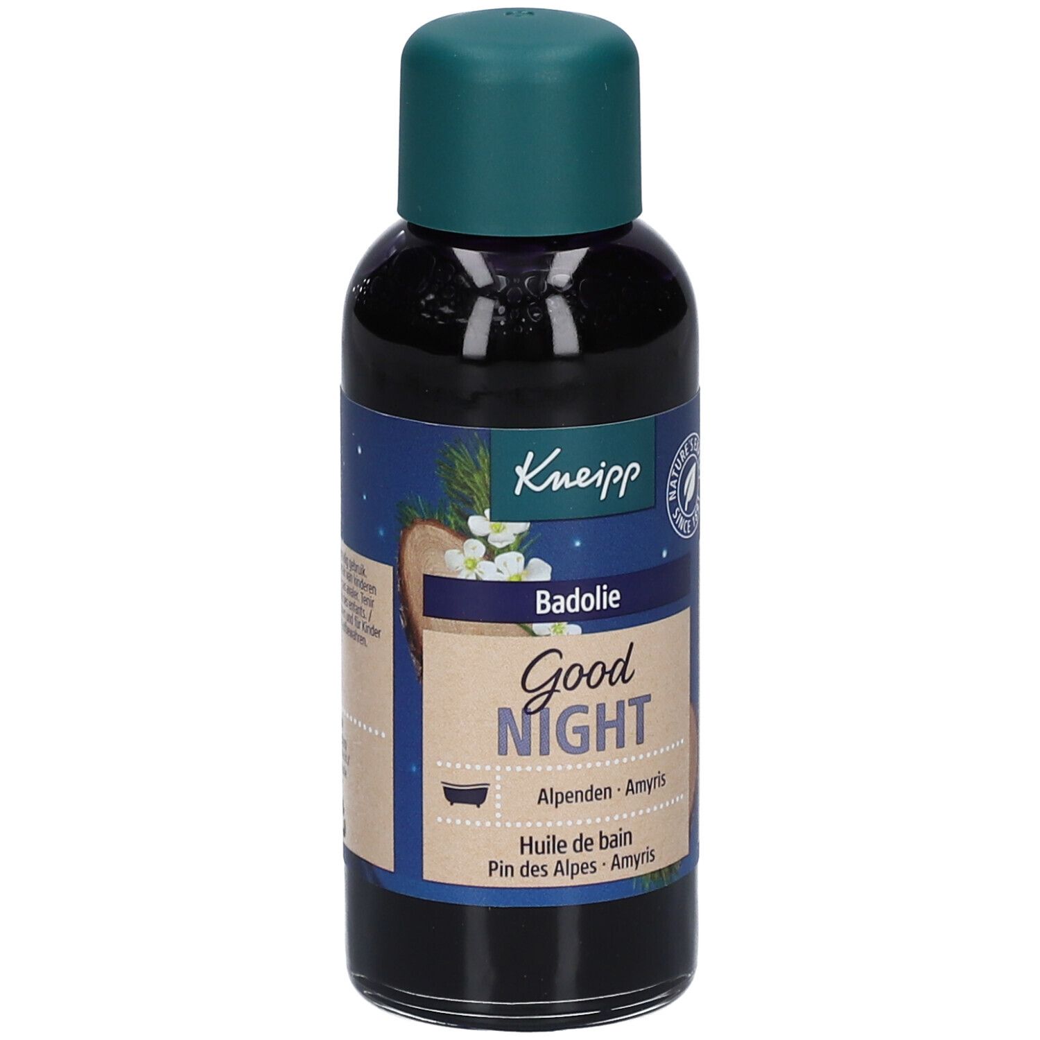 Flacon Kneipp pour le bain. Bouchon vert, liquide foncé. Inscription : Good Night, Badolie.