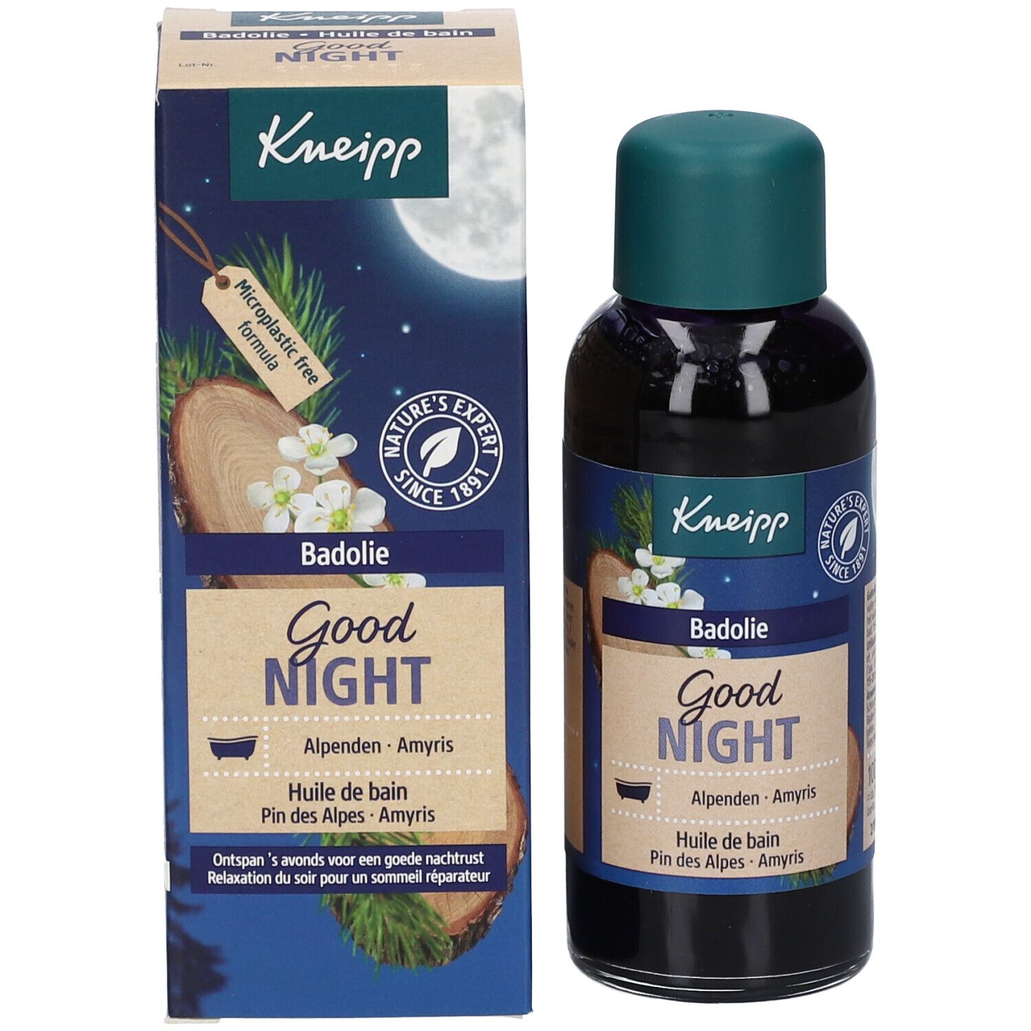 Flacon et emballage Kneipp pour le bain. Inscription : Good Night, Badolie. Bouchon vert.