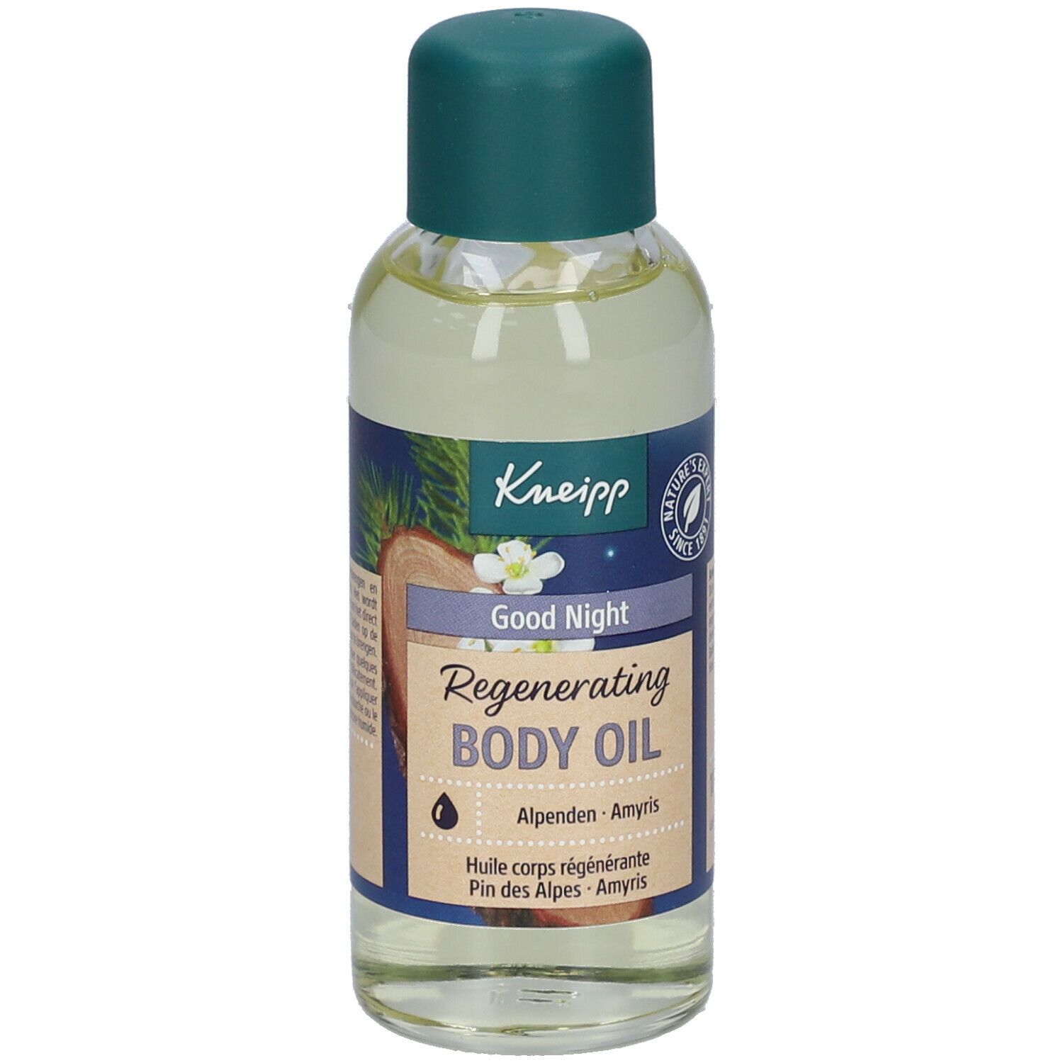 Flacon d'huile Kneipp® avec bouchon vert. Inscription : Good Night, Regenerating Body Oil. Avec illustrations de bois et de plantes.