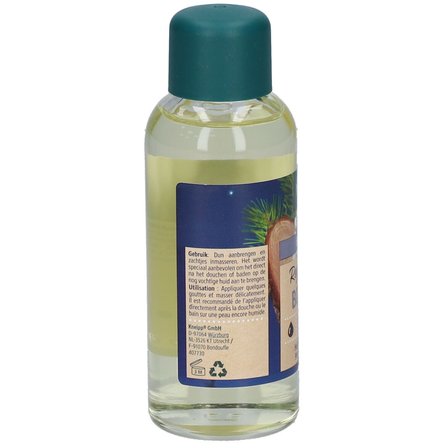 Dos du flacon d'huile Kneipp®. Texte en plusieurs langues. Avec illustrations de bois et de plantes.