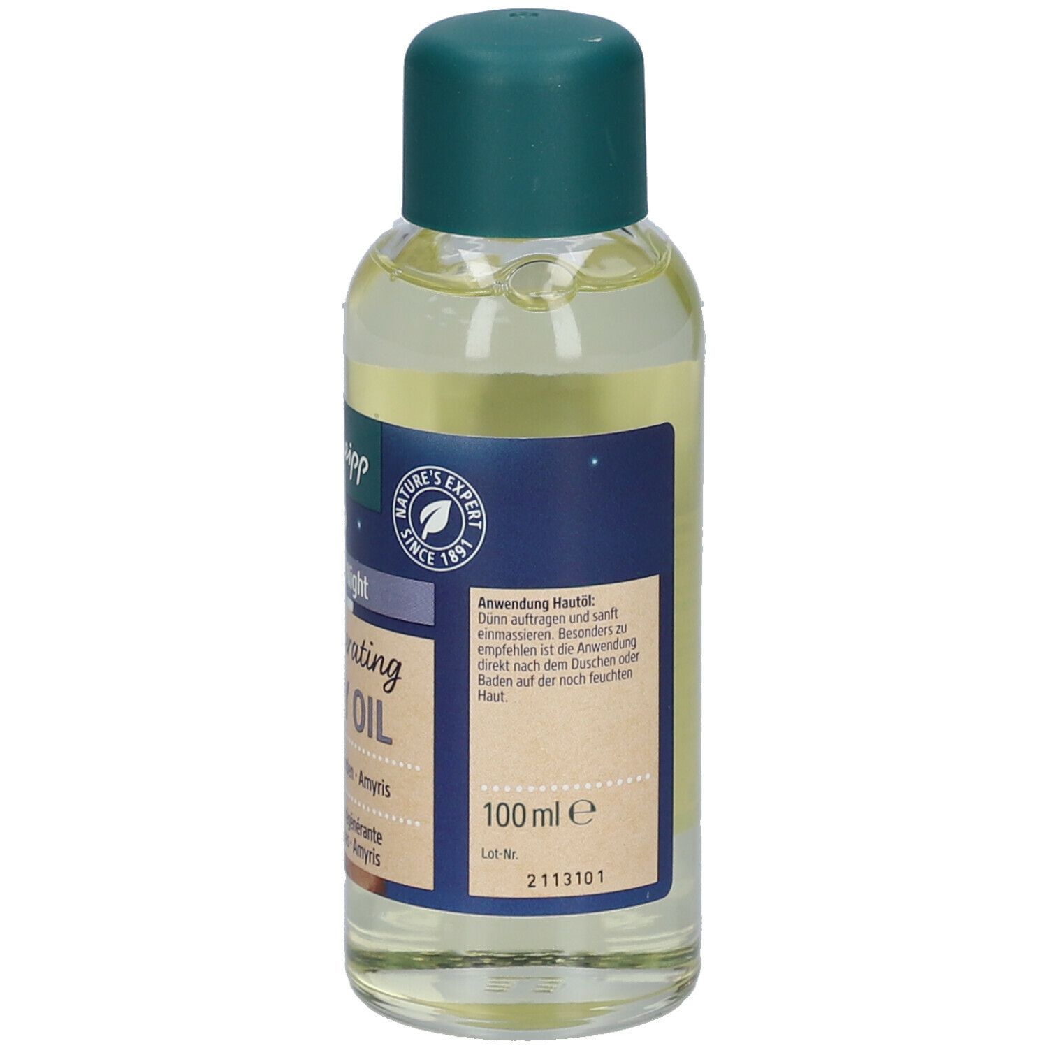 Flacon d'huile Kneipp® avec bouchon vert. Inscription : 100 ml. Texte en plusieurs langues. Avec illustrations.