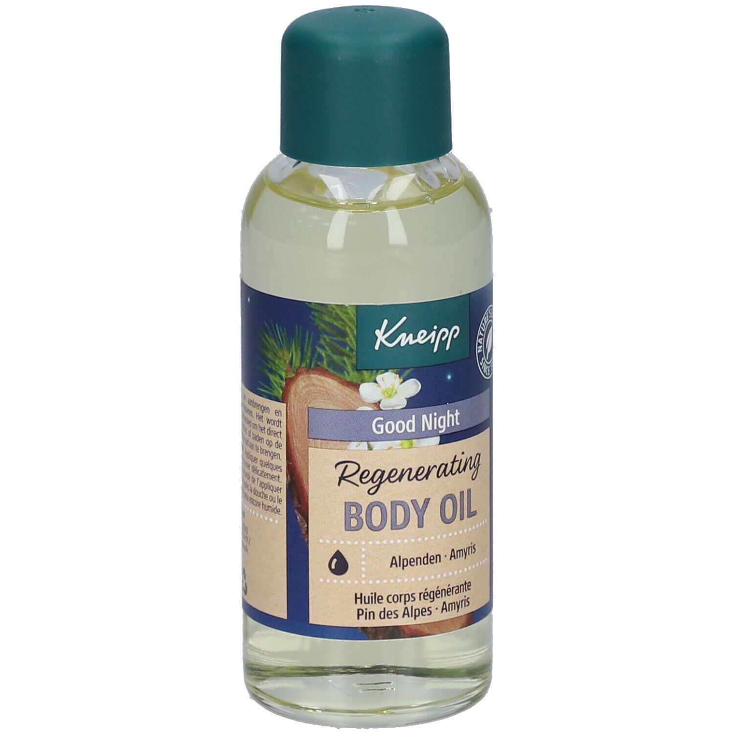 Flacon d'huile Kneipp® avec bouchon vert. Inscription : Good Night, Regenerating Body Oil. Avec illustrations de bois et de plantes.