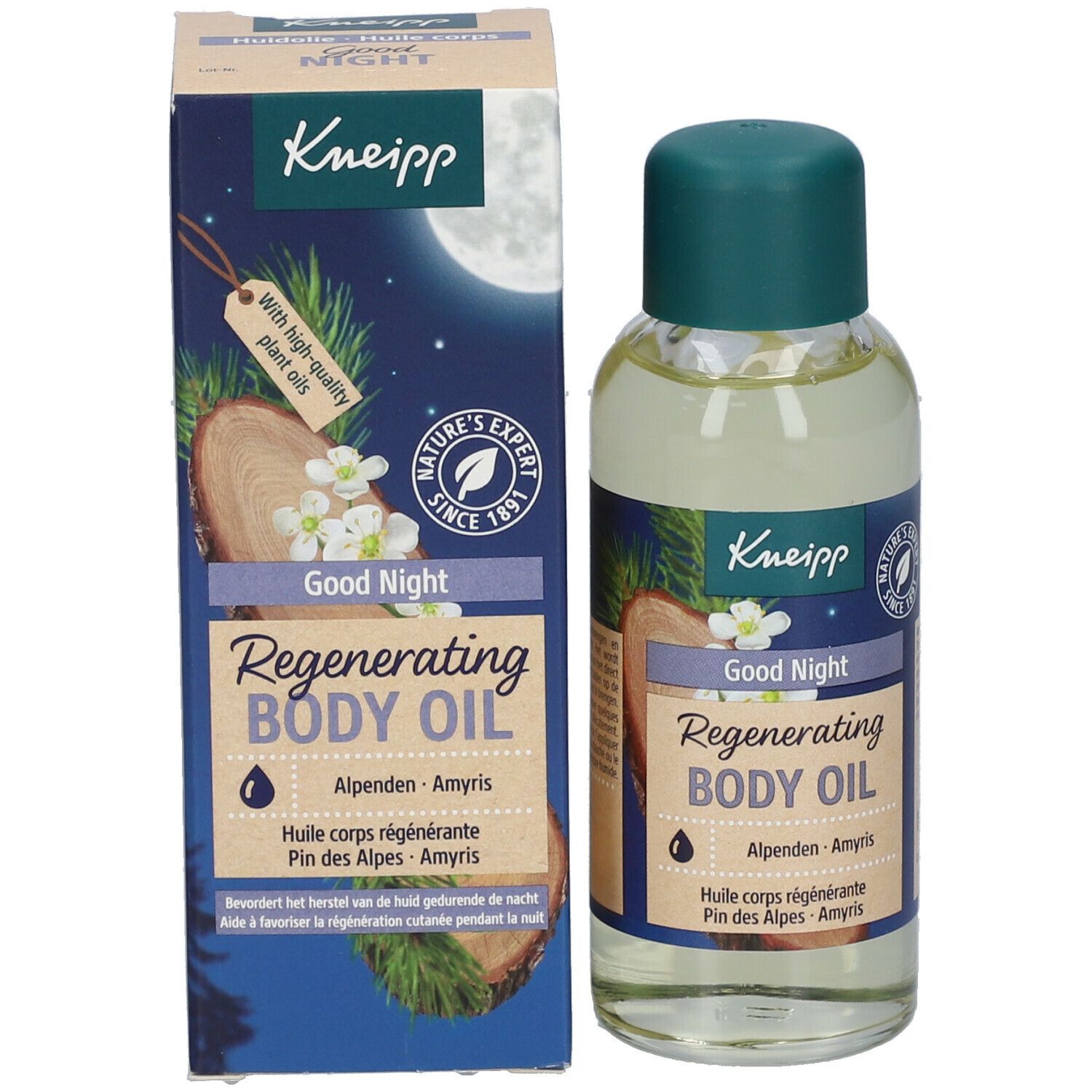 Flacon d'huile Kneipp® et emballage. Inscription : Good Night, Regenerating Body Oil. Avec illustrations de bois et de plantes.