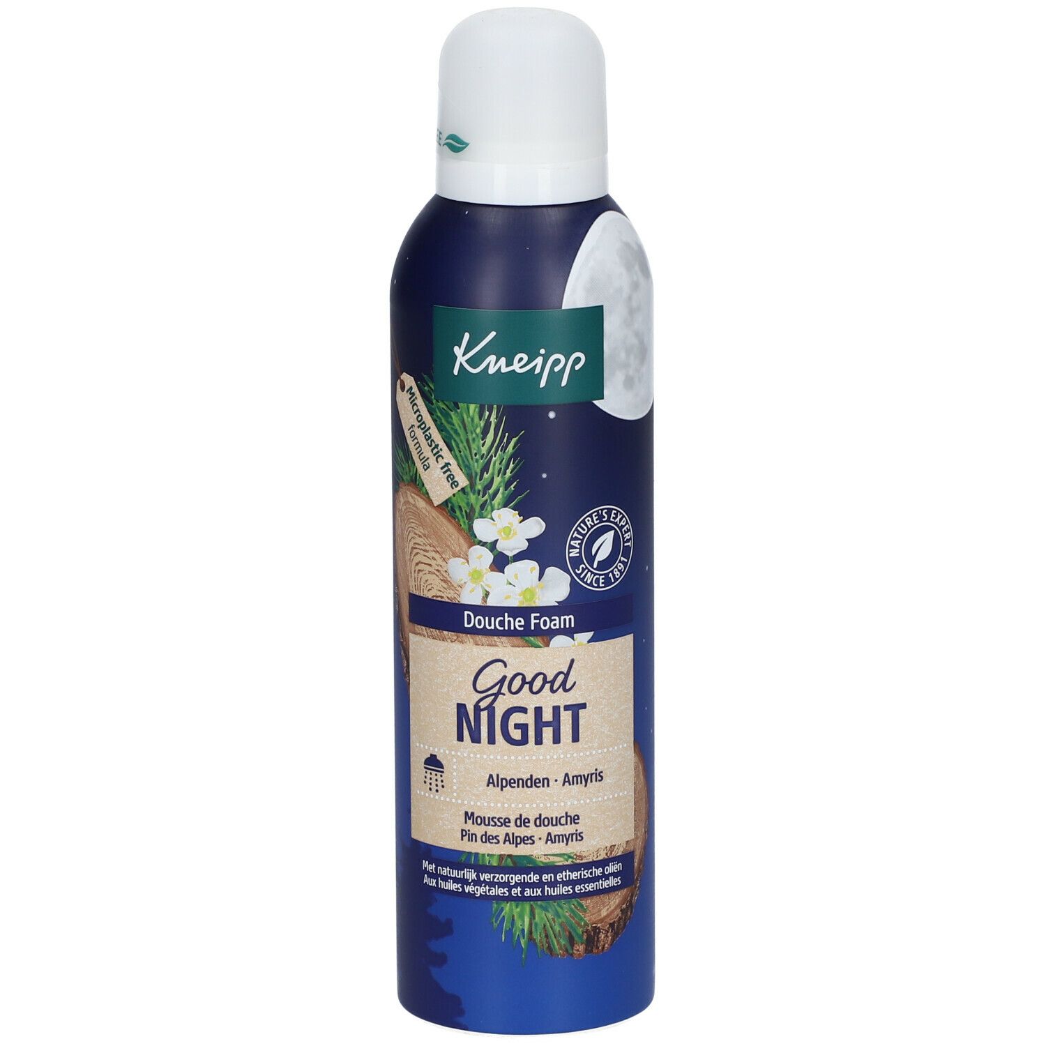 Flacon de mousse de douche avec bouchon blanc. Boîte bleue avec nom et logo du produit. Motif pin/amyris, lune et plantes.