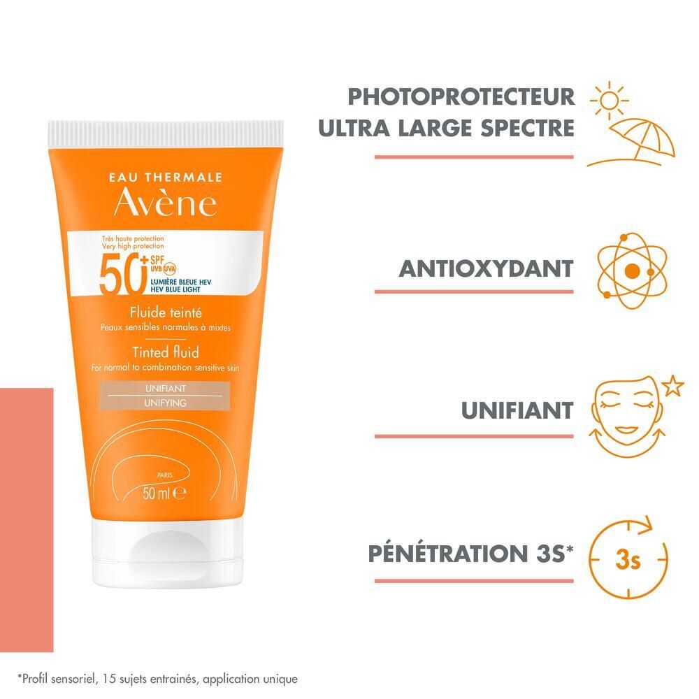 Avène Solaire - Fluide Teinté SPF50+ UVB UVA Lumière Bleue HEV