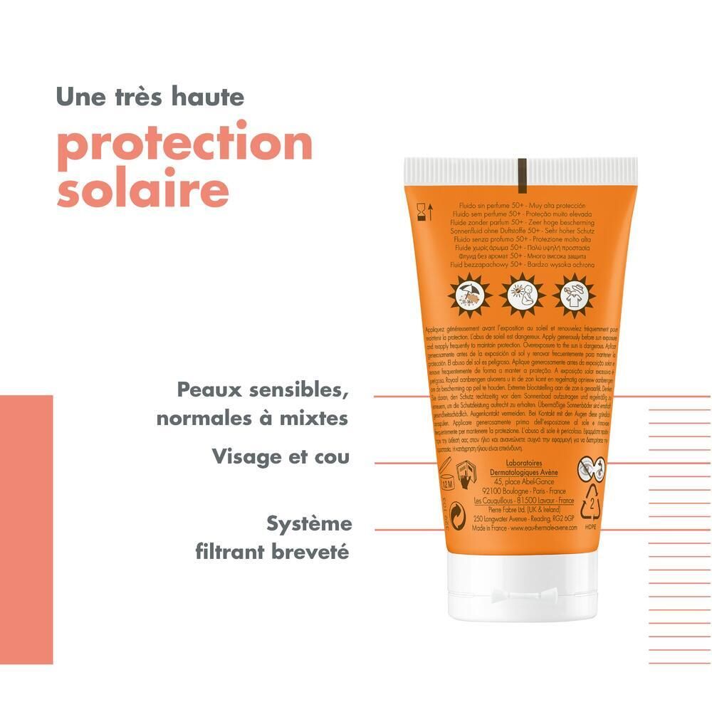 Avène Solaire - Fluide Sans Parfum SPF50+ UVB UVA Lumière Bleue HEV
