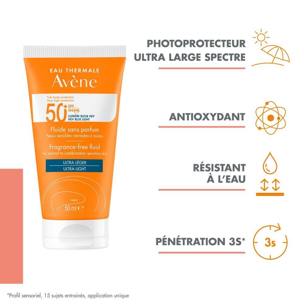 Avène Solaire - Fluide Sans Parfum SPF50+ UVB UVA Lumière Bleue HEV