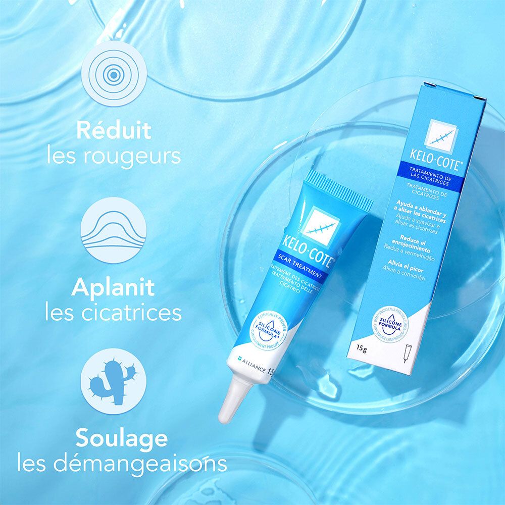 Tube et boîte KELO-COTE®. Réduit rougeurs, lisse cicatrices et soulage démangeaisons. Fond bleu.