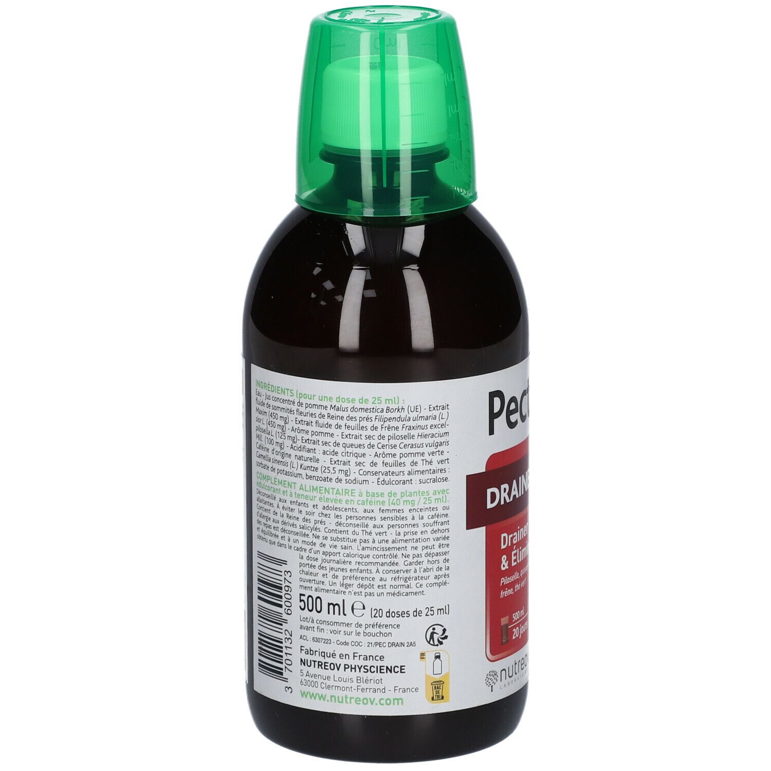 Flacon brun avec bouchon vert. Dos avec texte et ingrédients. 500 ml. Fabriqué en France.