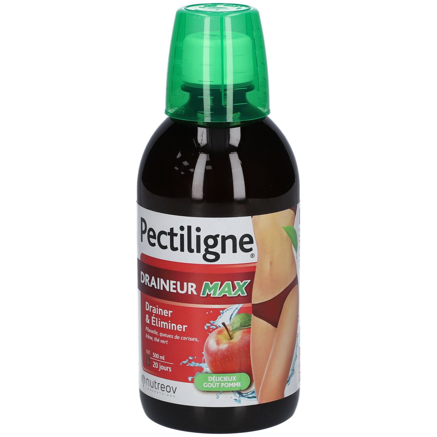 Flacon brun avec bouchon vert. Inscription Pectiligne Draineur MAX. Illustration d'une femme. 500 ml.