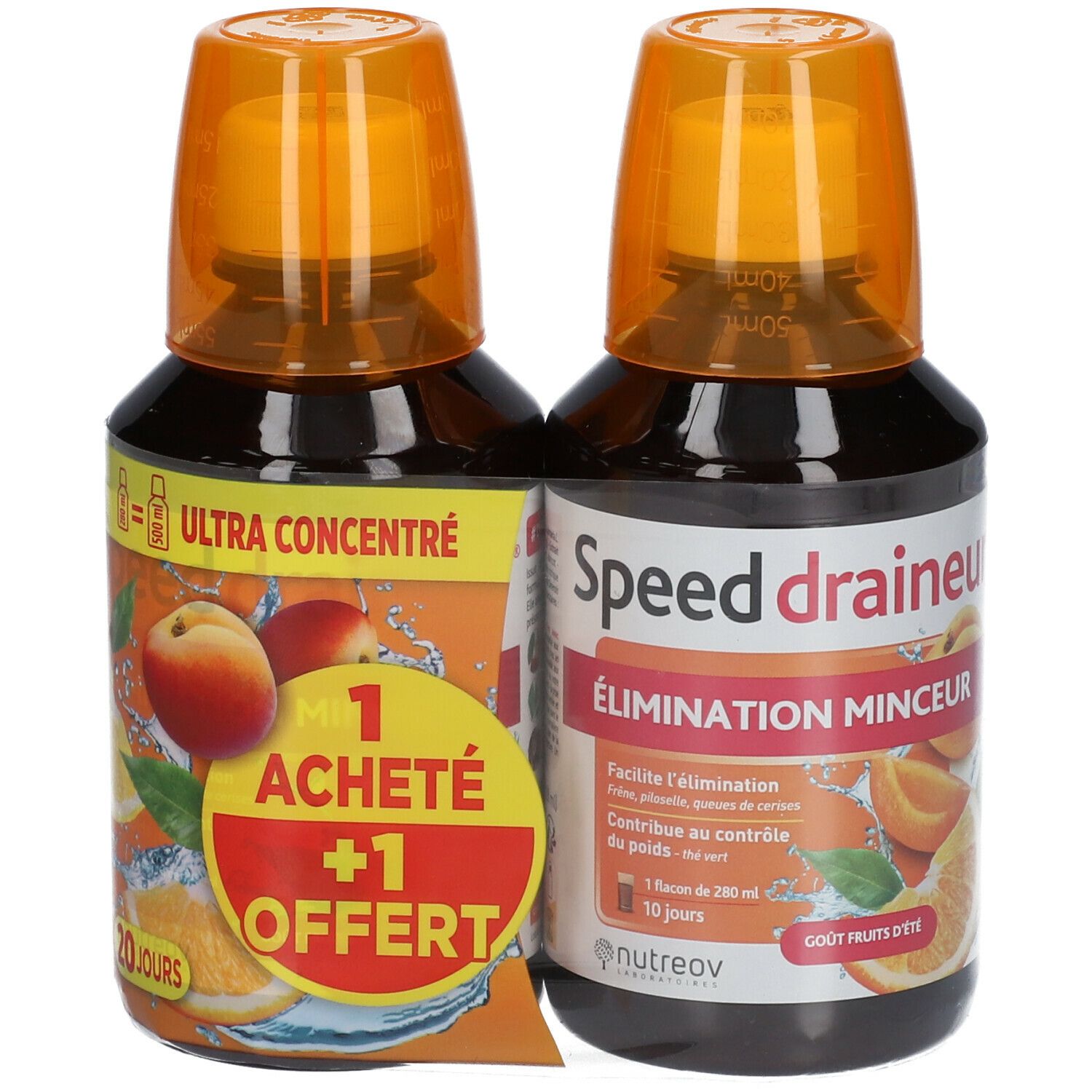 Deux flacons avec bouchons orange. L'un affiche "Ultra concentré", l'autre "Speed draineur".