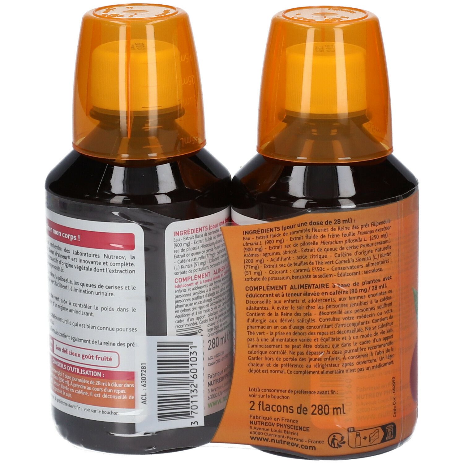 Deux flacons avec bouchons orange. Dos avec ingrédients et conseils d'utilisation. Inscription : "2 flacons de 280 ml".
