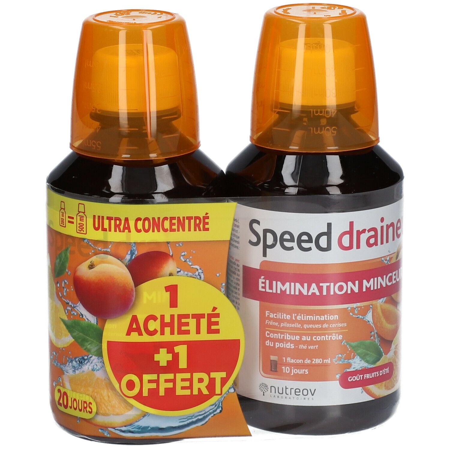 Deux flacons avec bouchons orange. L'un affiche "Ultra concentré", l'autre "Speed draineur".