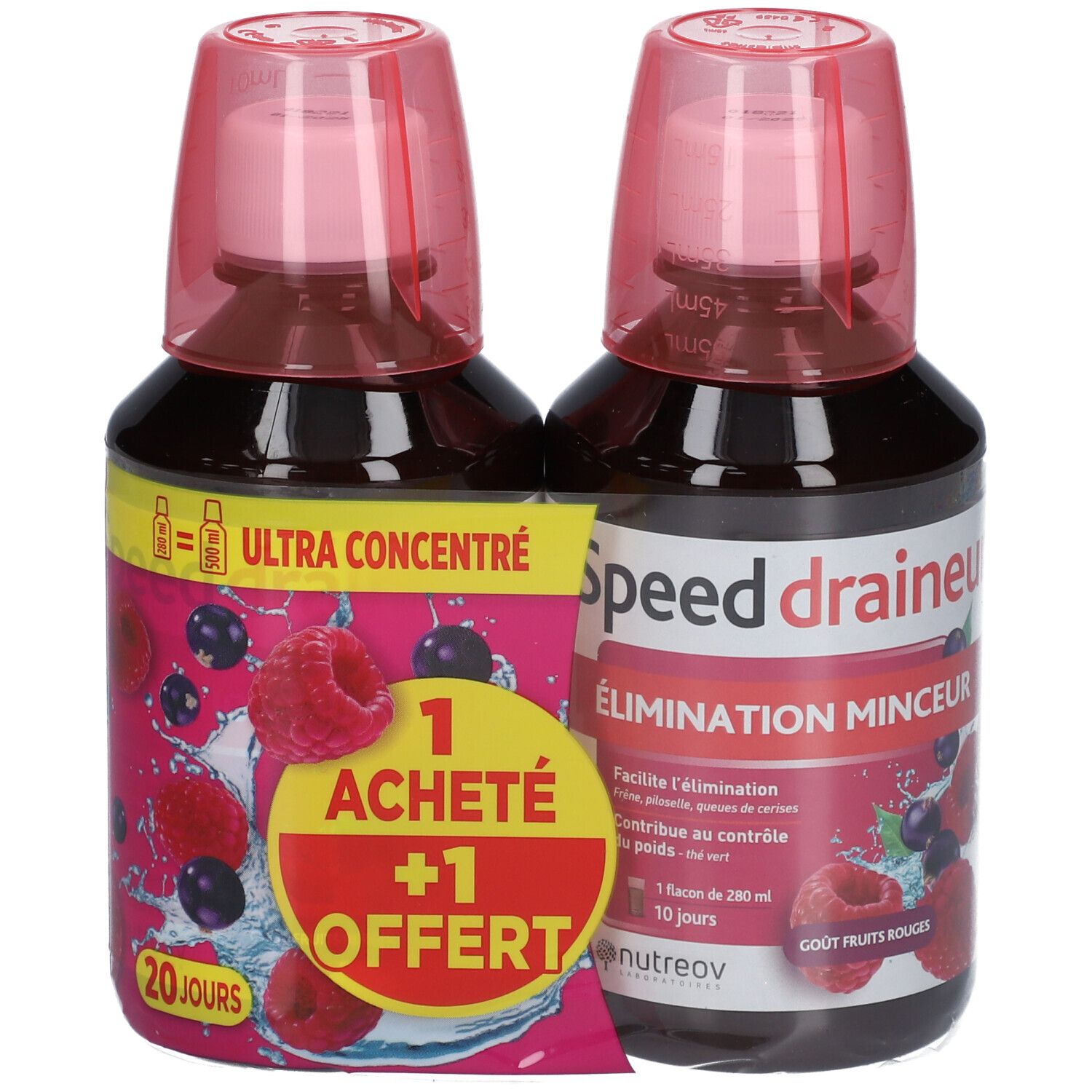 Deux flacons avec bouchons roses. Inscription: Speed draineur, Élimination minceur. Fruits et texte.