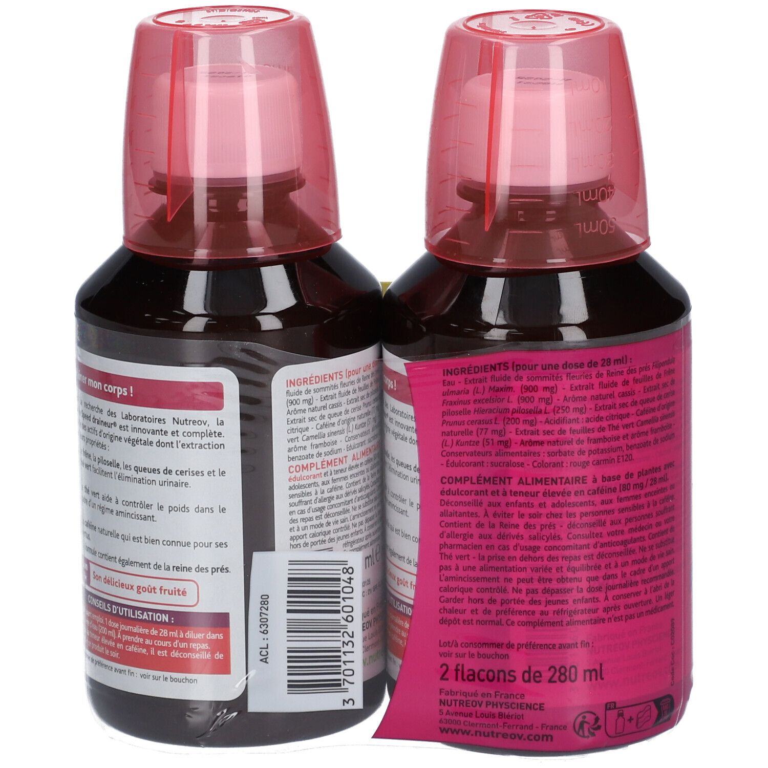 Deux flacons avec bouchons roses. Dos avec texte. Inscription: 2 Flacons de 280 ml.