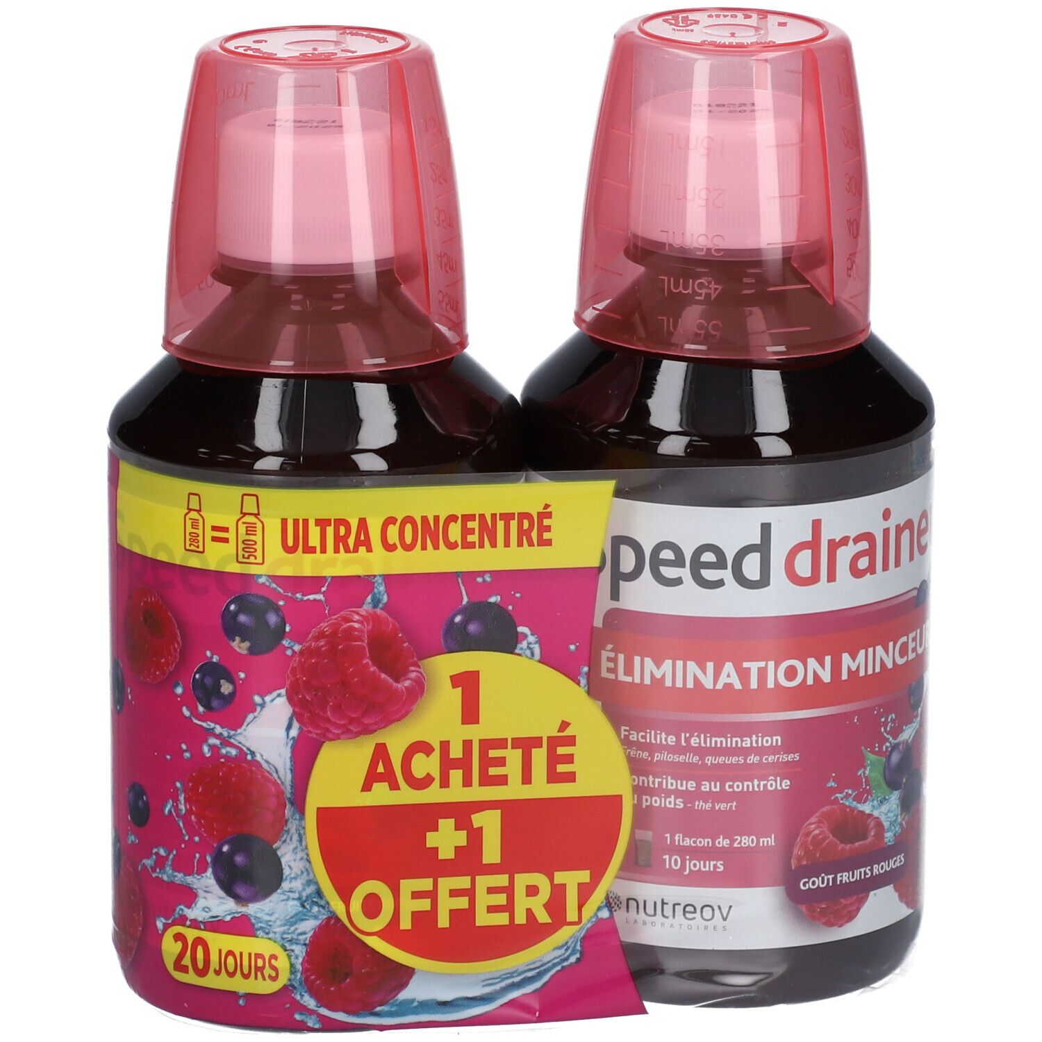 Deux flacons avec bouchons roses. Inscription: Speed draineur, Élimination minceur. Fruits et texte.