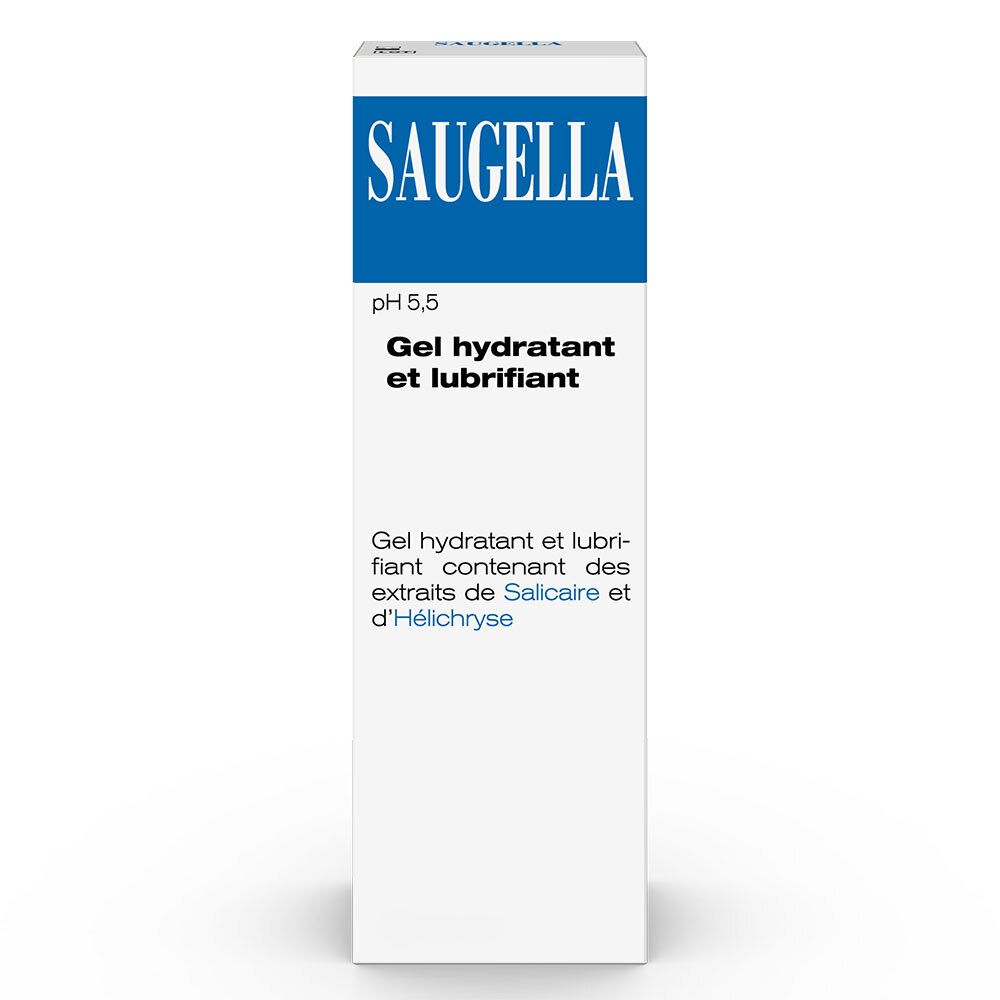 Tube blanc avec logo SAUGELLA bleu. Texte: Gel hydratant et lubrifiant. Inscription: pH 5,5.