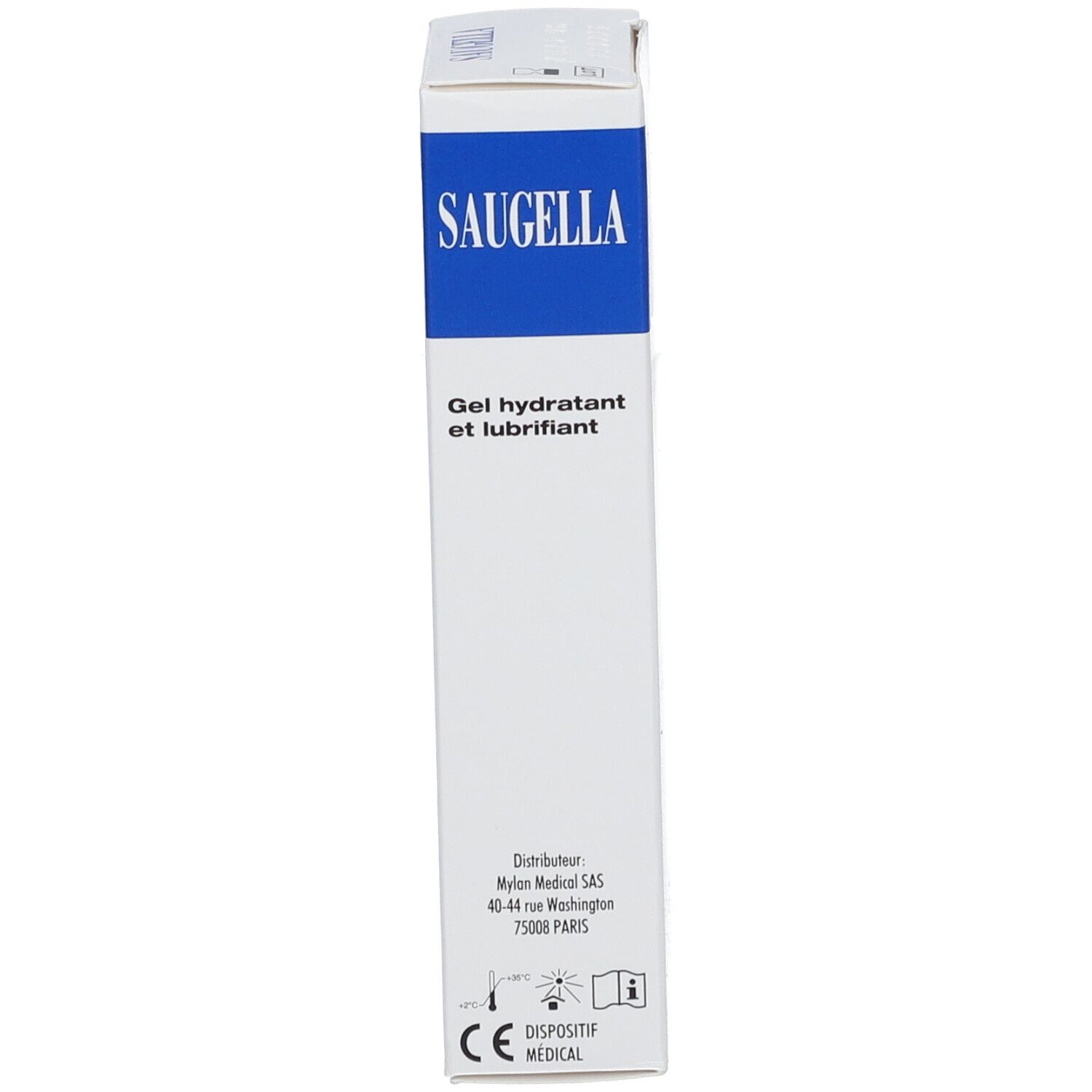 Emballage. Boîte blanche avec logo SAUGELLA bleu. Texte: Gel hydratant et lubrifiant. Logo Mylan.