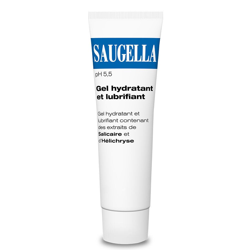 Tube blanc avec logo SAUGELLA bleu. Texte: Gel hydratant et lubrifiant. Inscription: pH 5,5.