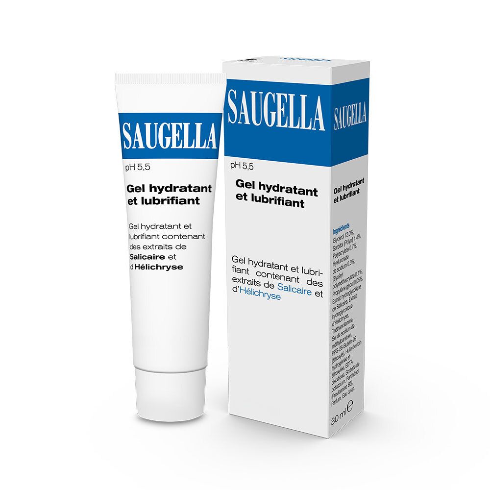 Produit et emballage. Tube et boîte blancs avec logo SAUGELLA bleu. Texte: Gel hydratant et lubrifiant. pH 5,5.