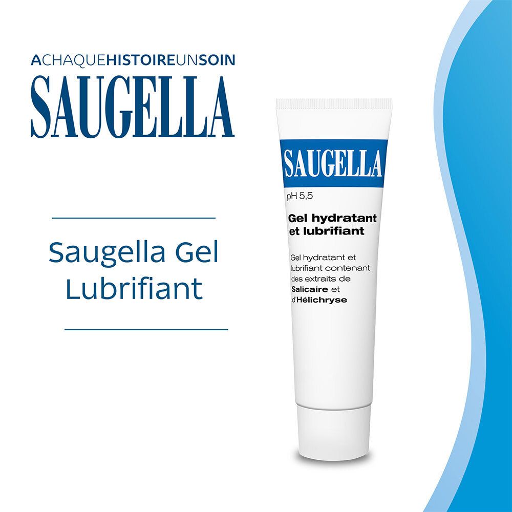 Tube blanc avec logo SAUGELLA bleu. Texte: Gel hydratant et lubrifiant. Inscription: pH 5,5. Fond bleu.