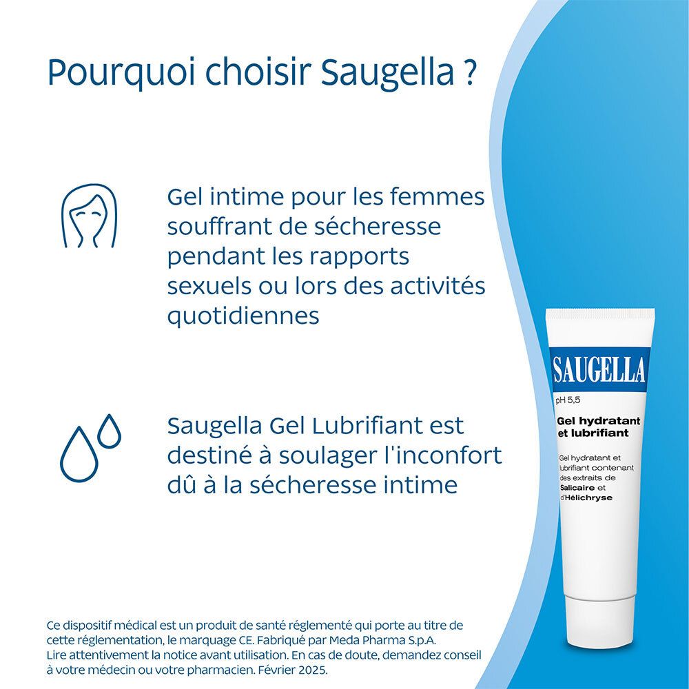 Tube blanc avec logo SAUGELLA bleu. Texte: Gel hydratant et lubrifiant. Inscription: pH 5,5. Fond bleu.