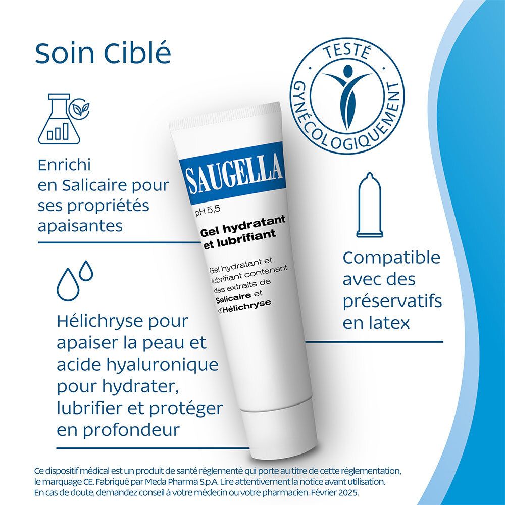 Tube blanc avec logo SAUGELLA bleu. Texte: Gel hydratant et lubrifiant. Inscription: pH 5,5. Fond bleu.