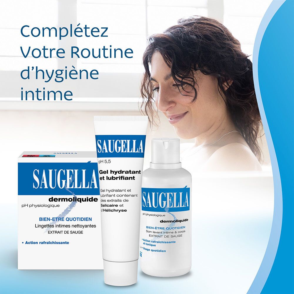 Ensemble de produits. Tube, boîte et flacon blancs. Logo SAUGELLA. Texte: Gel hydratant et lubrifiant. pH 5,5.