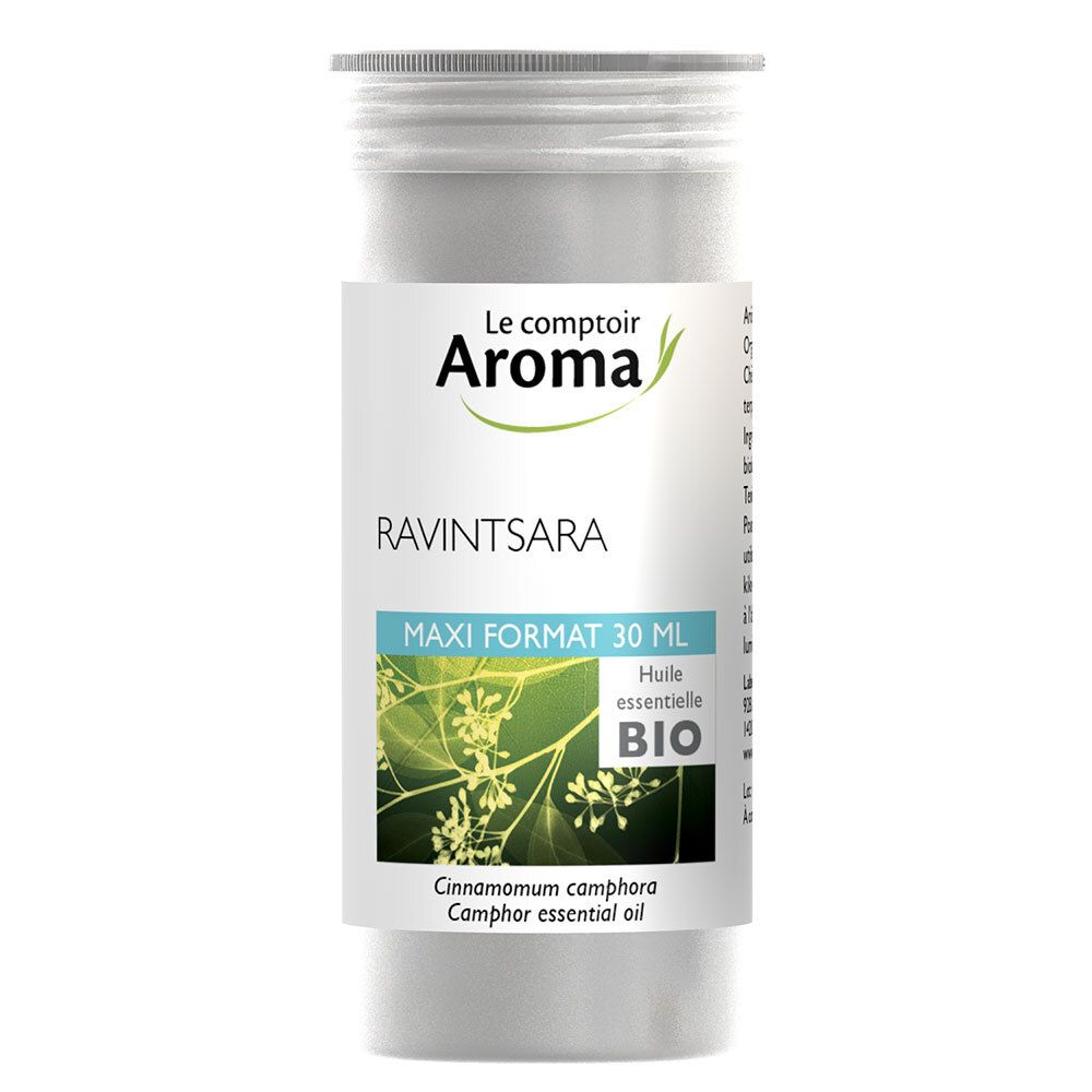 Emballage cylindrique en métal avec bouchon à vis. Étiquette avec nom et label bio.