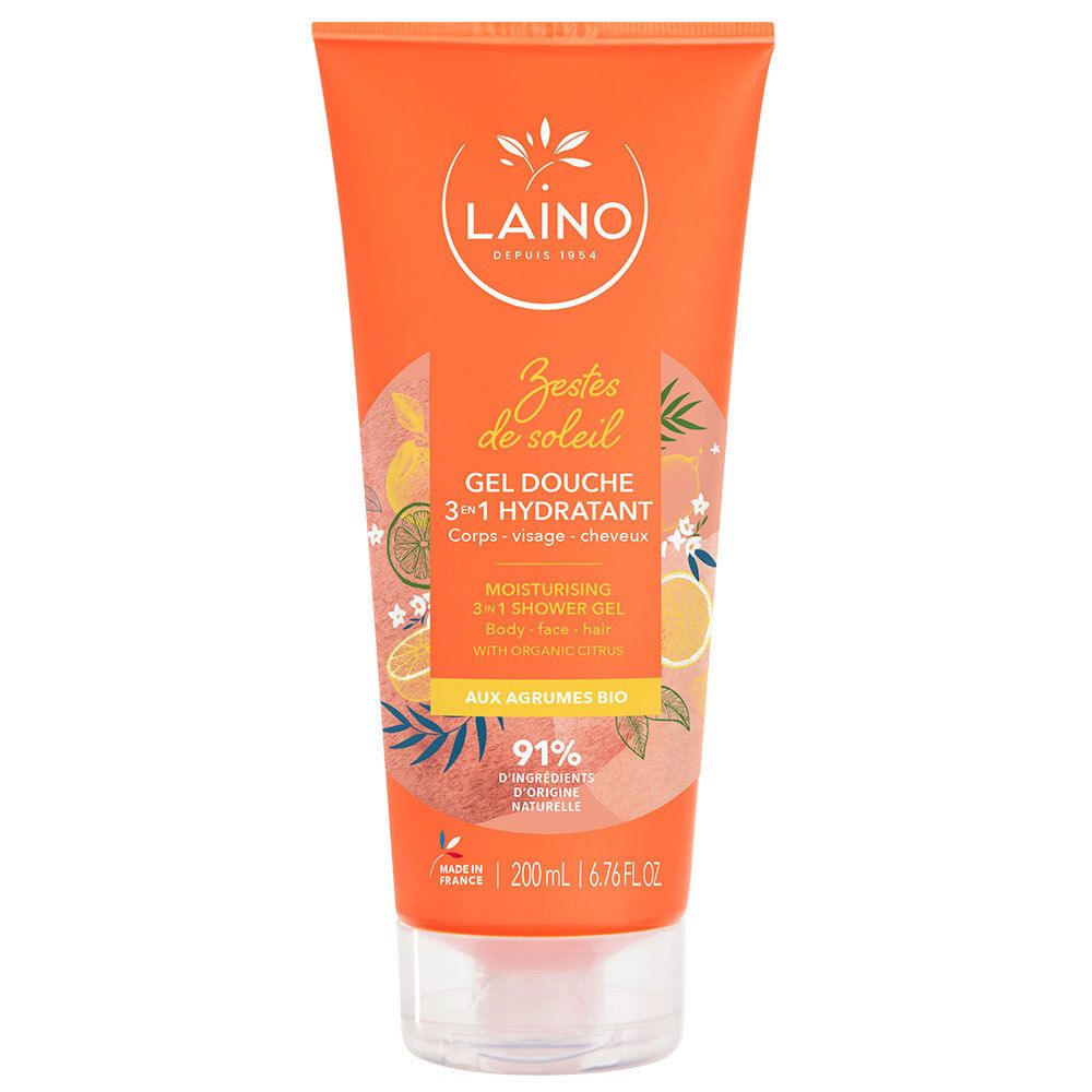 Tube orange avec impression du produit. Logo LAINO, nom du produit et indication 3-en-1. Illustrations d'agrumes et 91% d'ingrédients naturels.