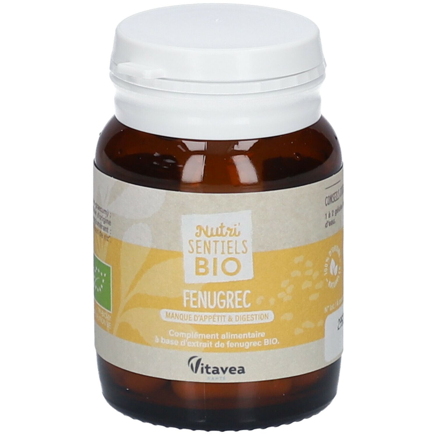 Flacon en verre brun avec bouchon blanc. Étiquette avec nom du produit et label bio. Contient des gélules.