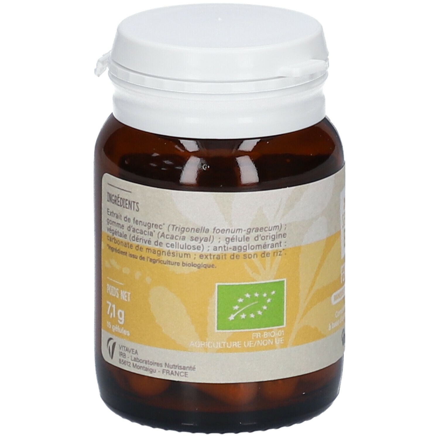 Dos du flacon en verre brun avec liste des ingrédients et label bio. Contient 7,1g.