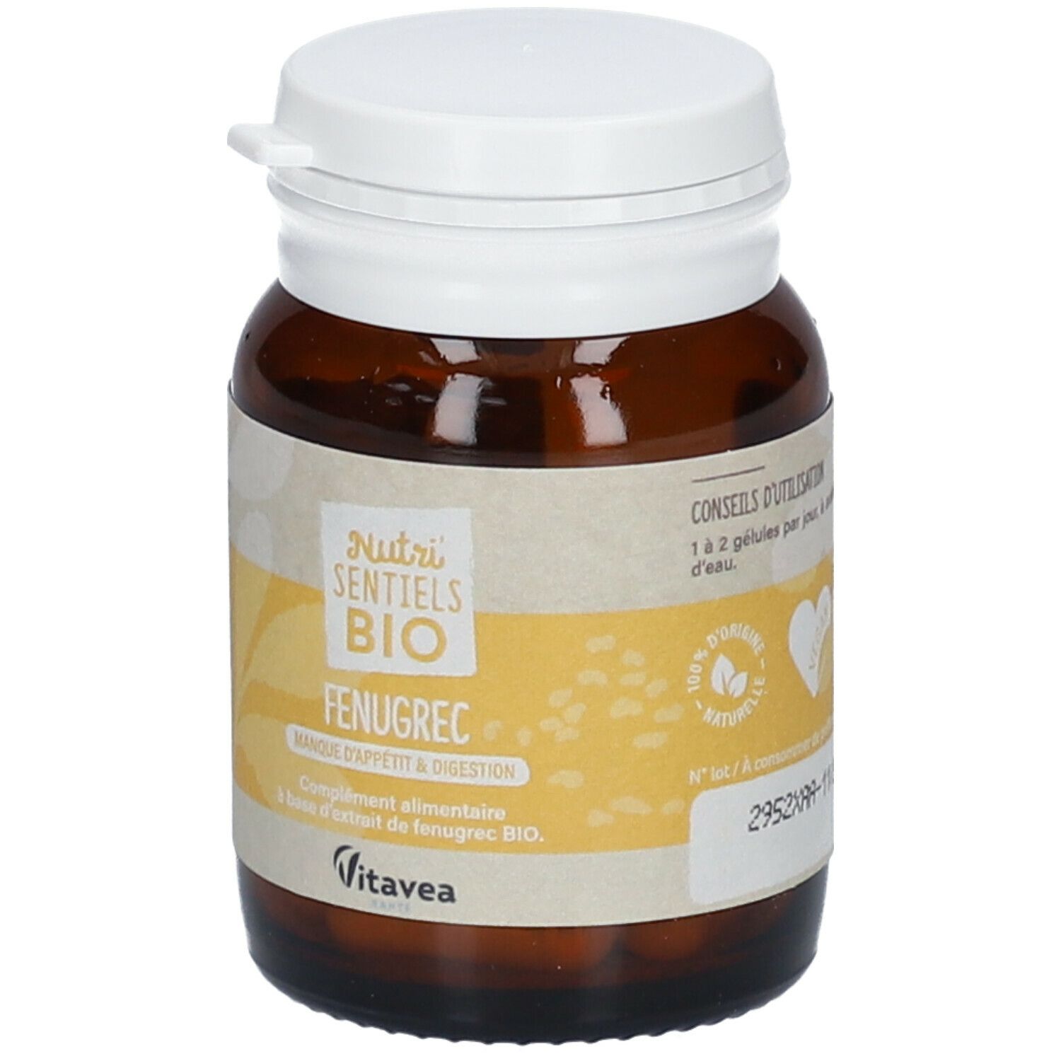 Flacon en verre brun avec bouchon blanc. Étiquette avec nom du produit et label bio. Contient des gélules.