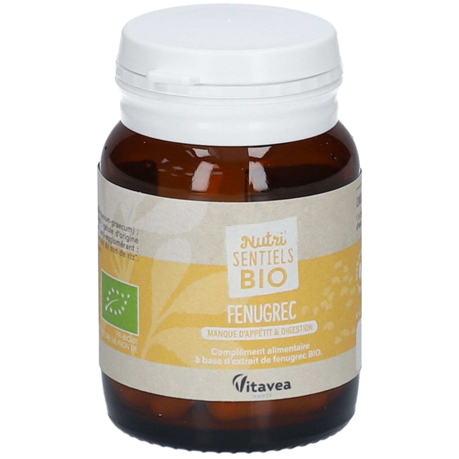 Flacon en verre brun avec bouchon blanc. Étiquette avec nom du produit et label bio. Contient des gélules.
