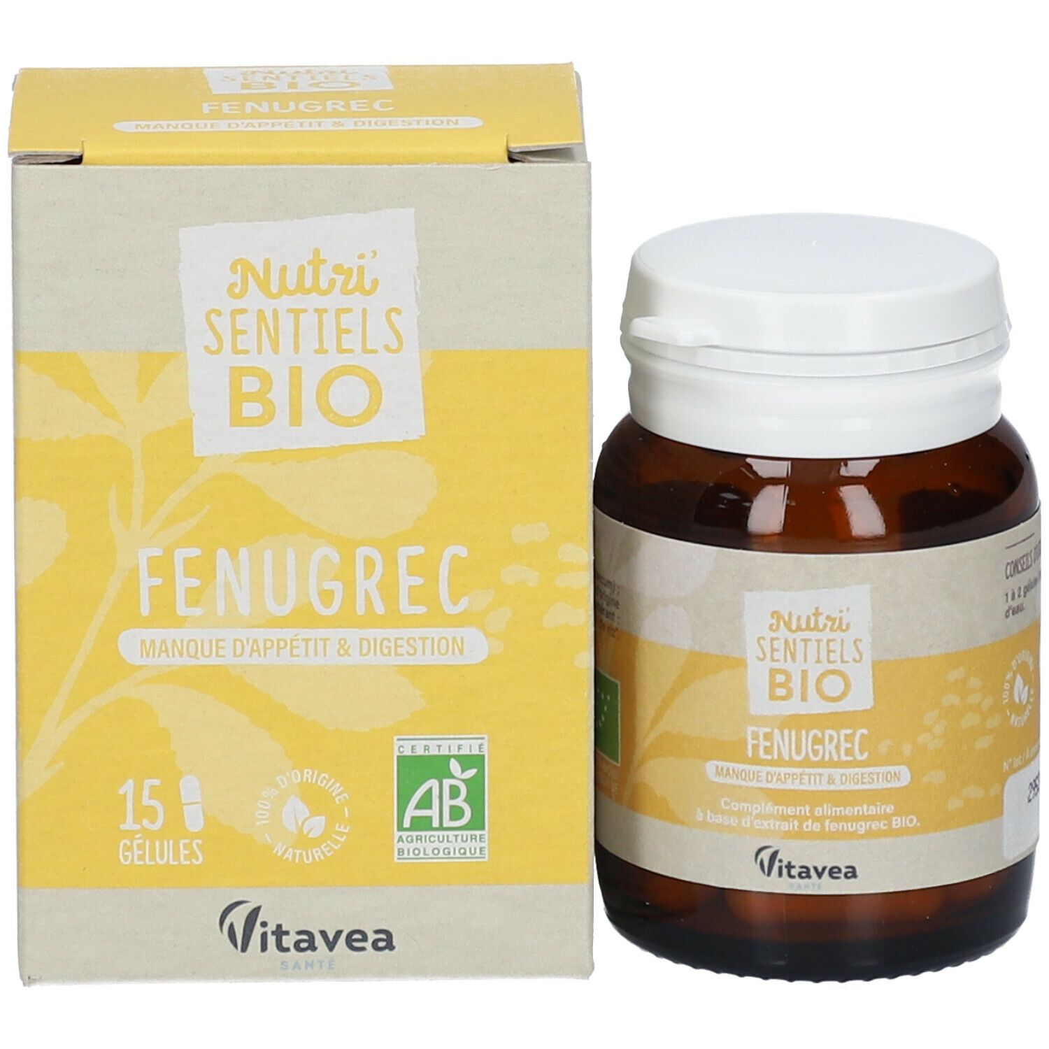 Flacon et boîte du produit. Sur la boîte: nom du produit, 15 gélules, label bio. Flacon à côté.