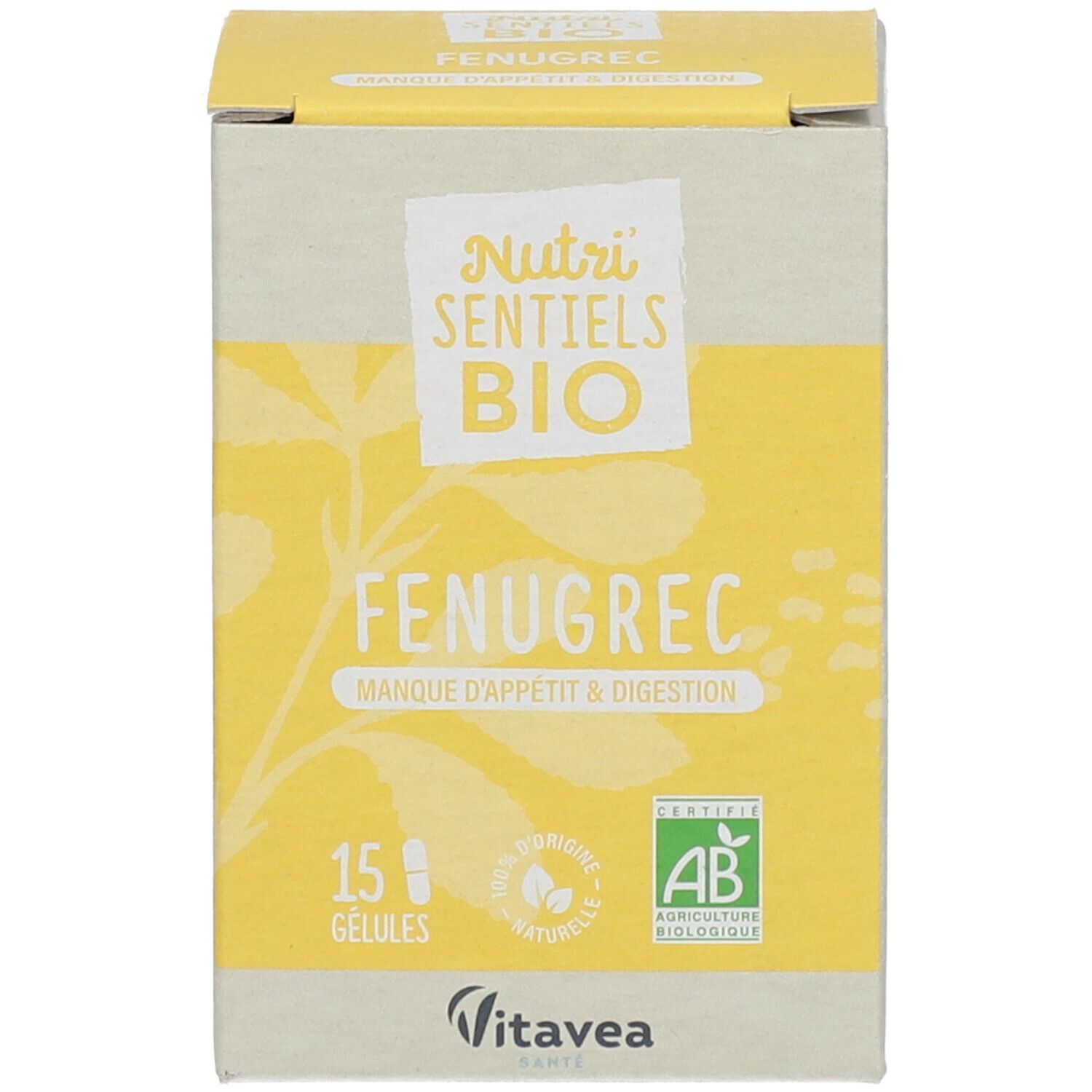 Emballage du produit. Impression: nom du produit, 15 gélules, label bio. Couleurs jaune et blanc.
