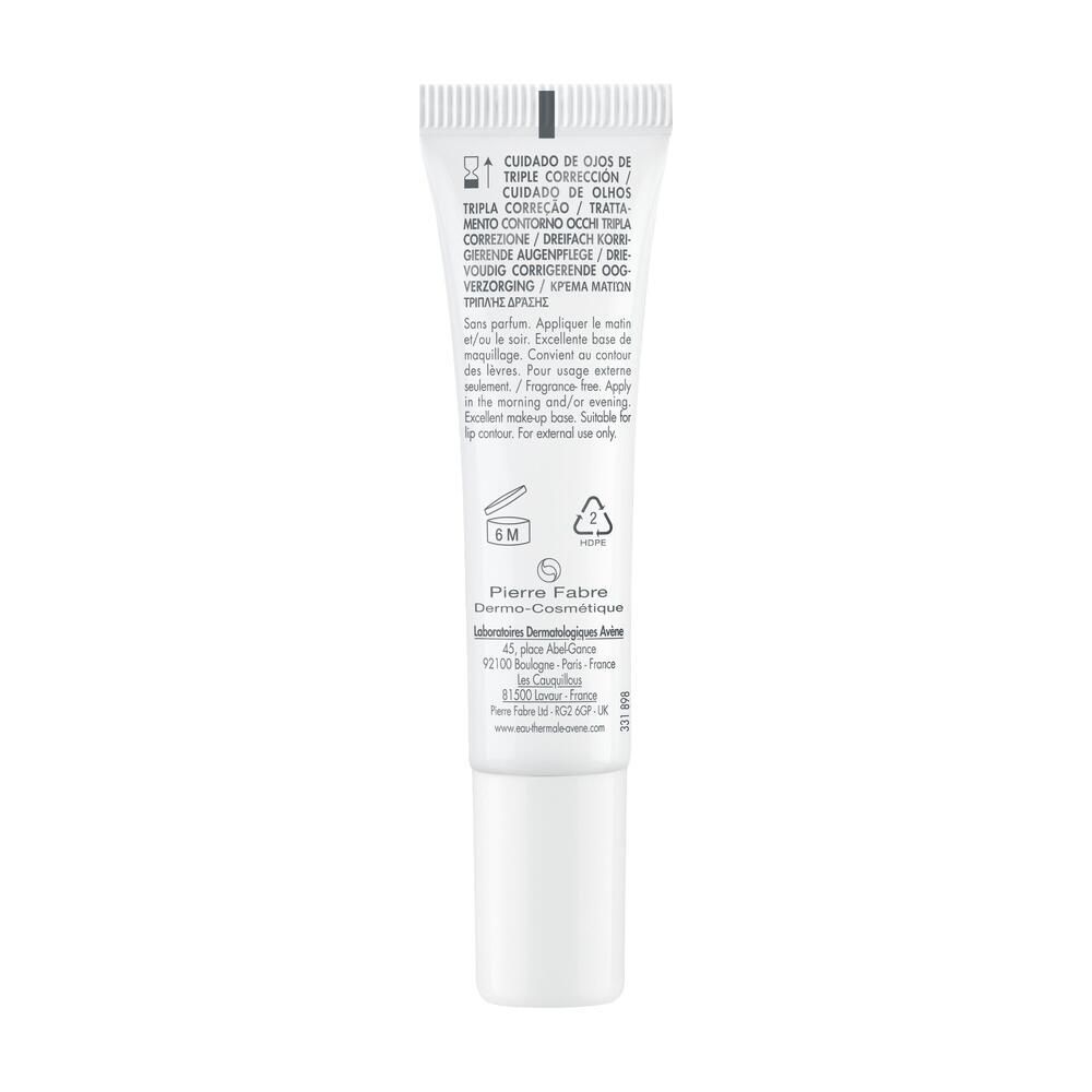 Dos du tube Avene Hyaluron Activ B3. Texte multilingue. 15ml. Pour le contour des yeux.