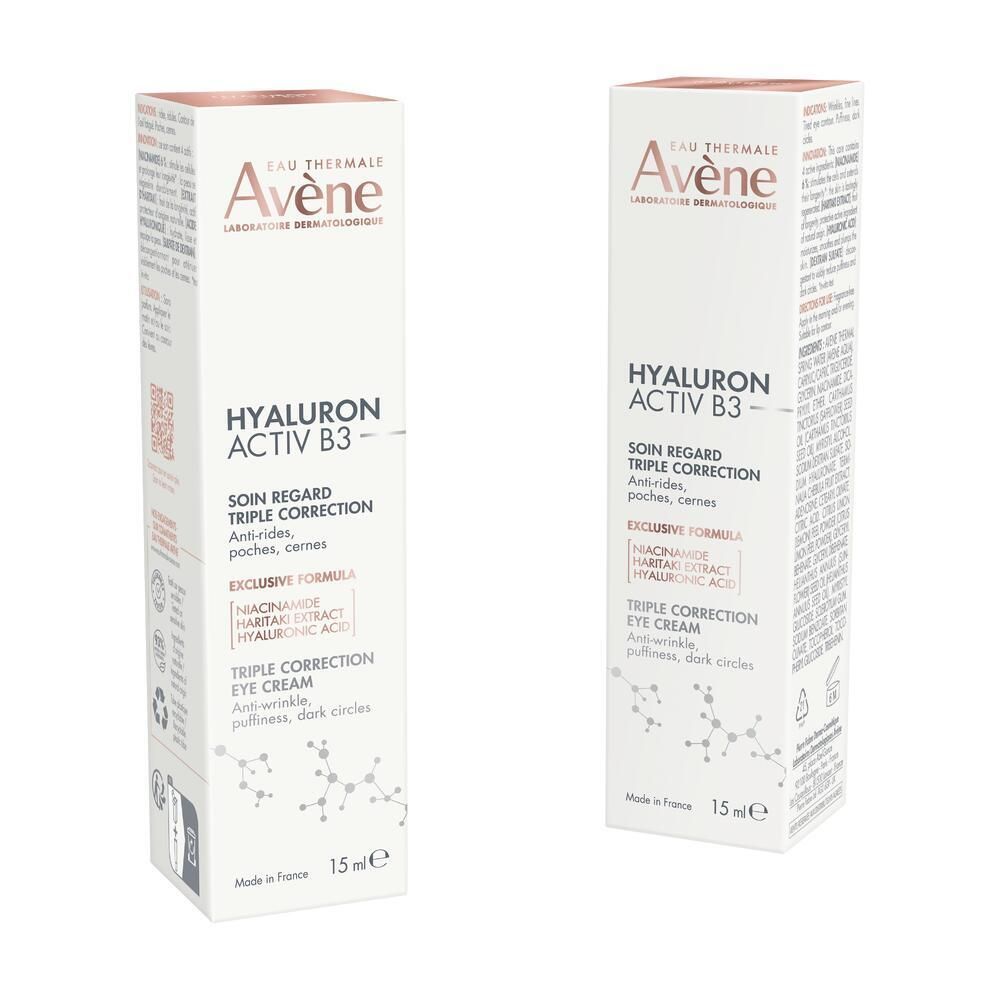 Deux boîtes Avene Hyaluron Activ B3. Crème triple correction yeux. 15ml. Vue de face.