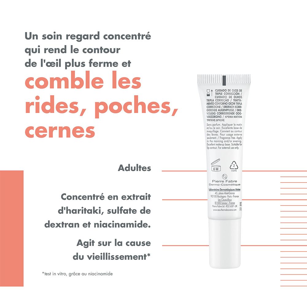 Dos du tube Avene Hyaluron Activ B3. Texte en français. Pour le contour des yeux.