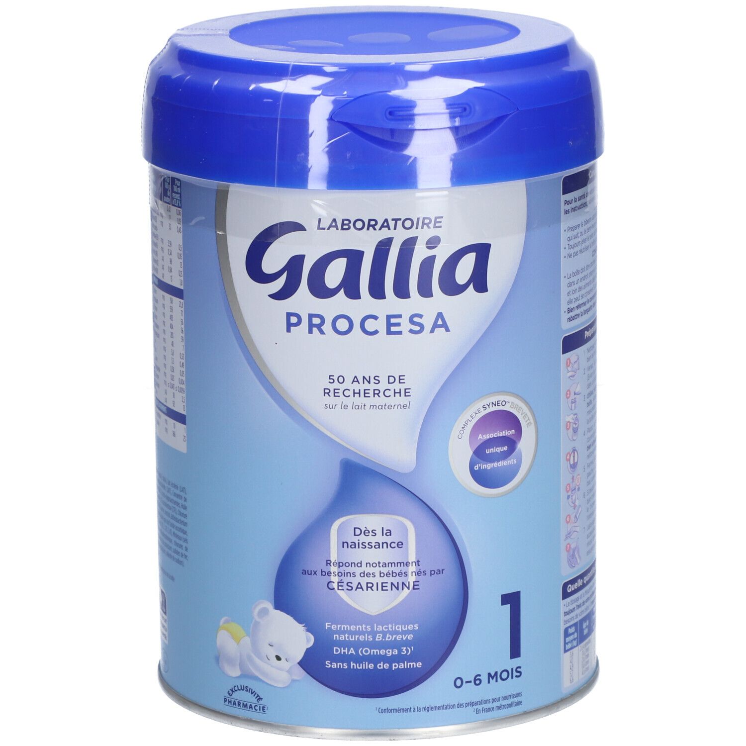 Boîte bleue claire avec couvercle bleu. Inscription: Gallia Procesa, 1, 0-6 mois. Contient DHA (Oméga 3).