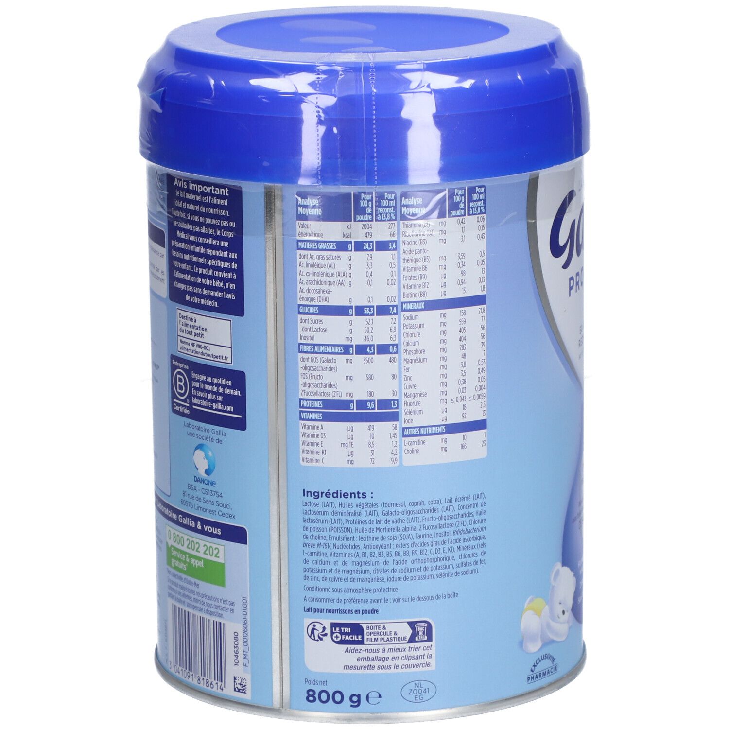 Dos d'une boîte bleu clair avec couvercle bleu. Contient informations nutritionnelles et ingrédients. Poids: 800 g.