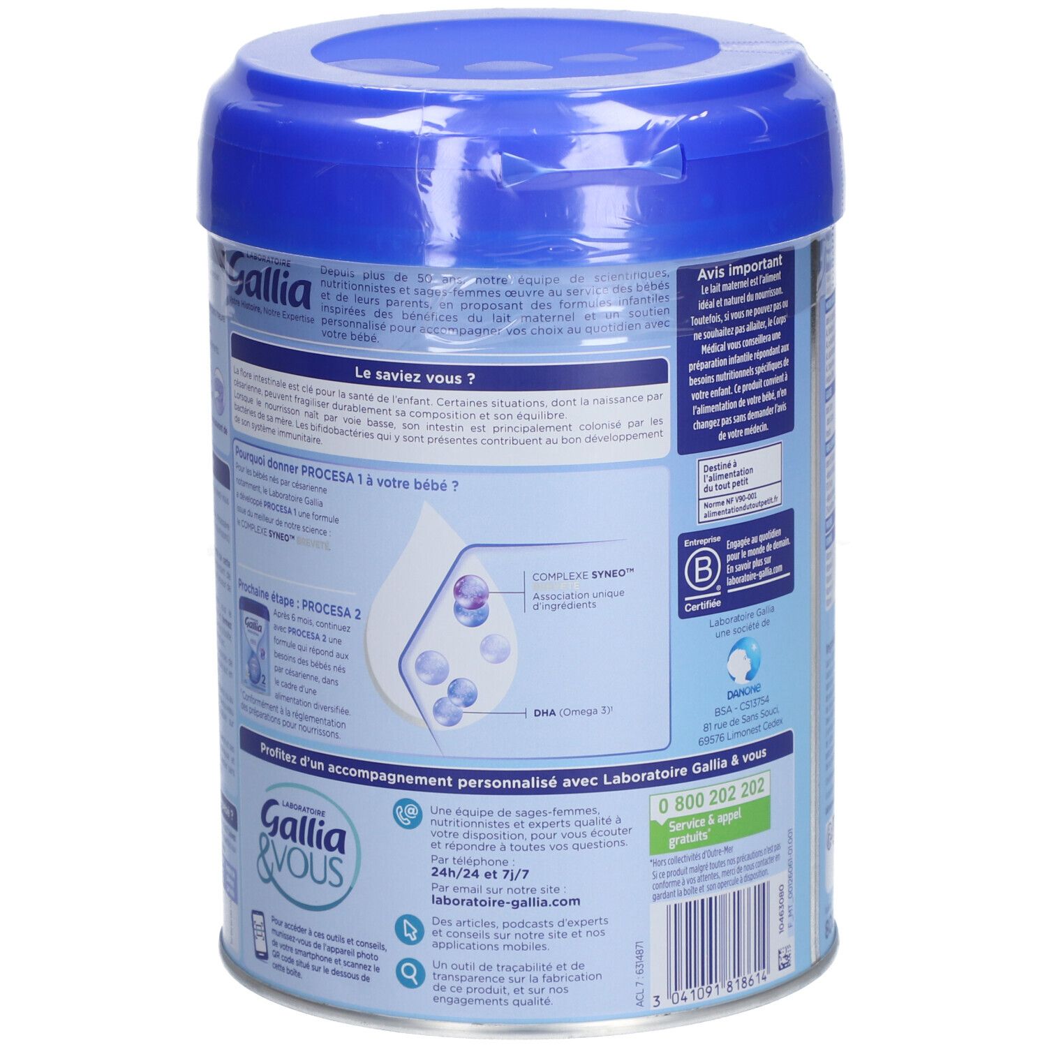 Dos d'une boîte bleu clair avec couvercle bleu. Contient informations d'utilisation et coordonnées.